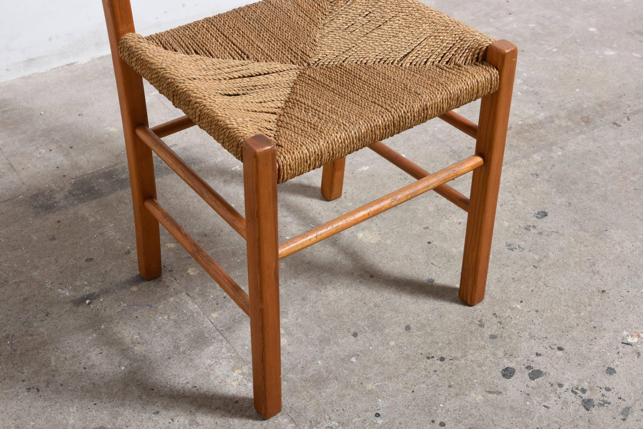 Set of Four Solid Pinewood Chairs with Rush Seat, 1950s 1