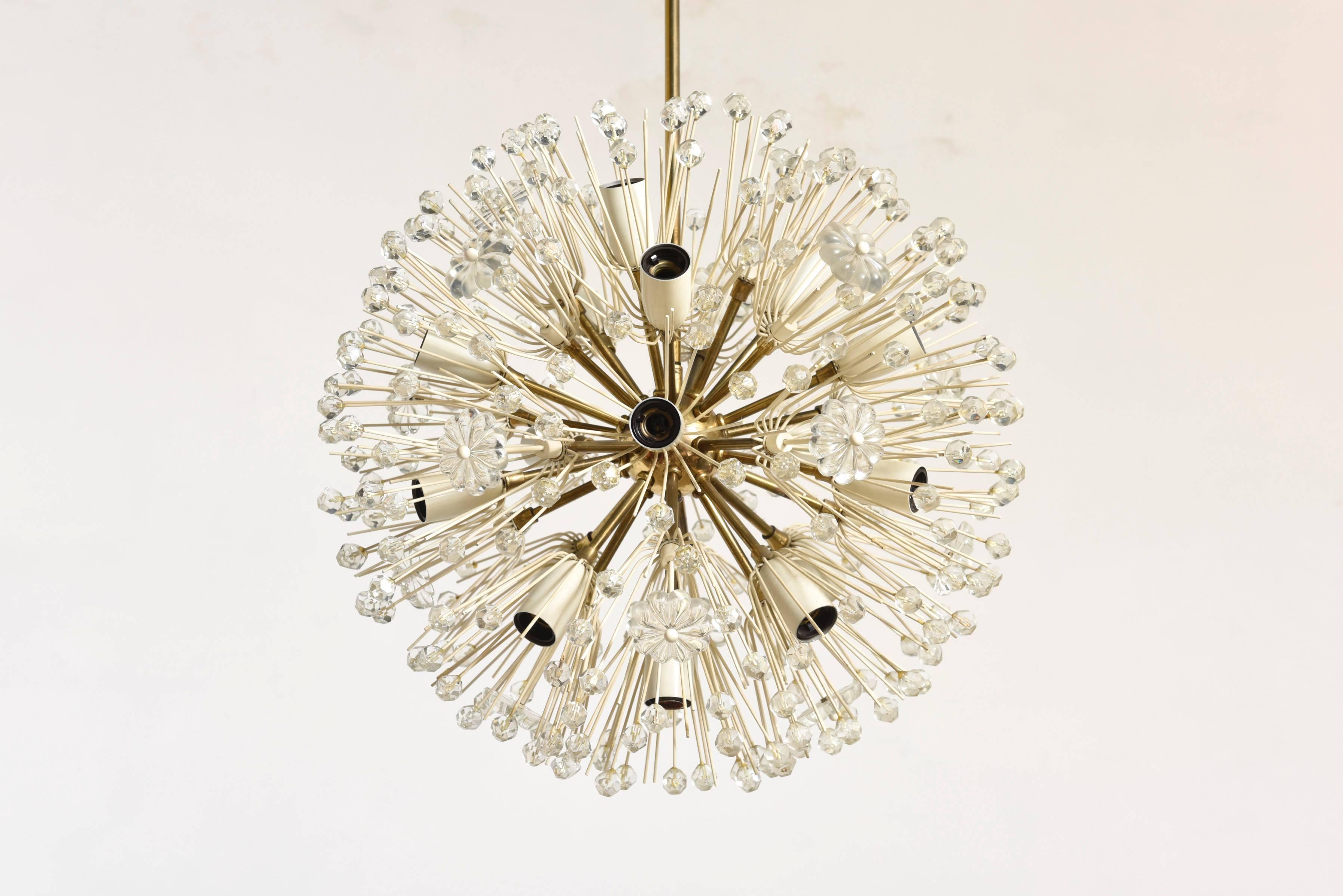 1950s Sputnik chandelier by Emil Stejnar for Rupert Nikoll, Vienna, Austria.
Made of brass and hand-cut-glass crystals. 
It has 17 sockets for E14 bulbs ,in excellent condition.