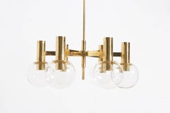 Large Hans-Agne Jakobsson Brass, Glass Six-Globe Chandelier, 1970s