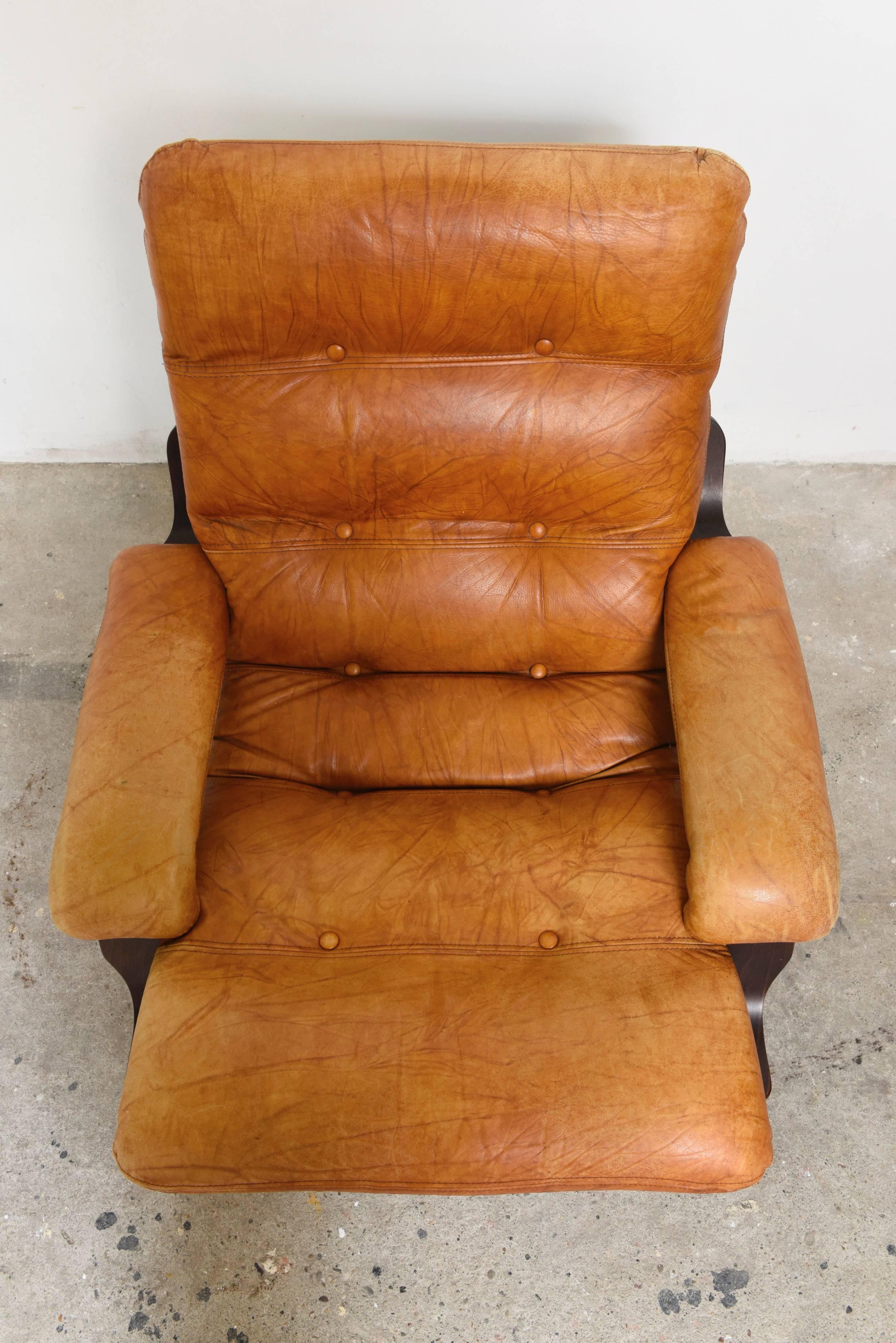 Scandinavian Modern Pair Nordic Cognac Leather Swivel Lounge Chairs