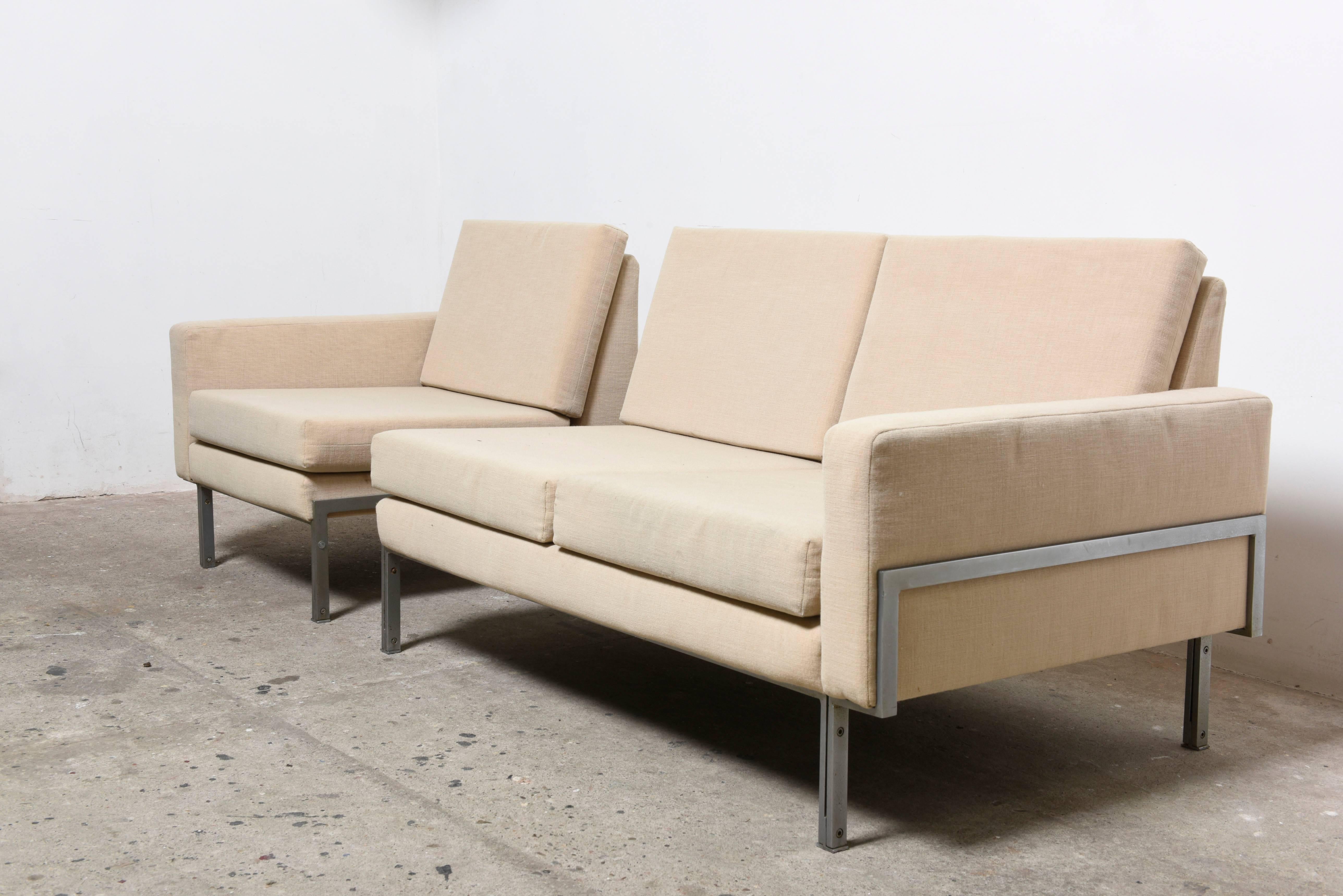 Landscape sofa that provides unique comfort and modern straight lined.
This stunning formed sofa has a frame of chromed steel and is finished in finest beige fabric. 

Its outstanding and modern design in combination with incomparable comfort.