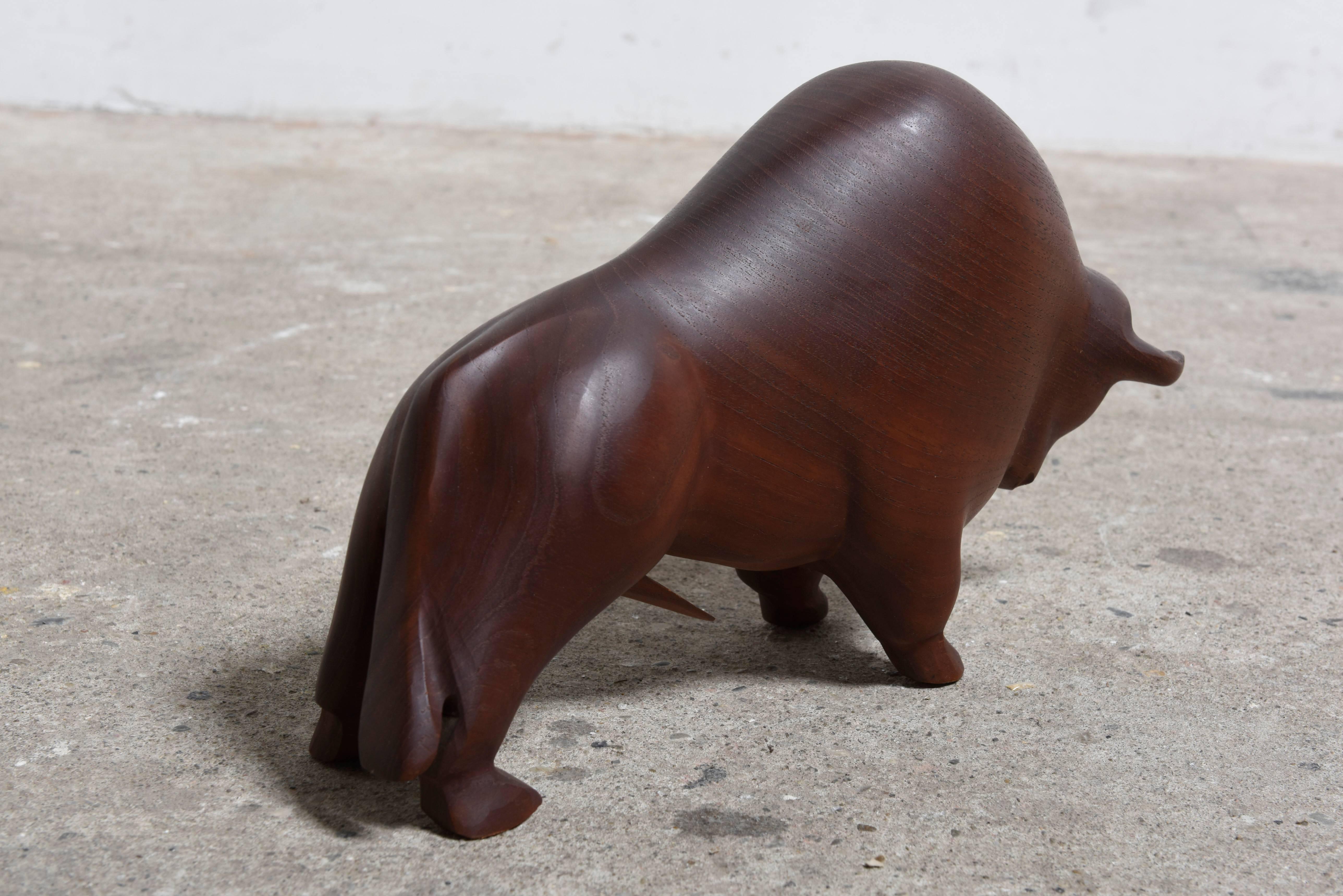 Scandinavian Modern Bull Sculpture Denmark Modern Solid Teak Hand-Carved, 1960s