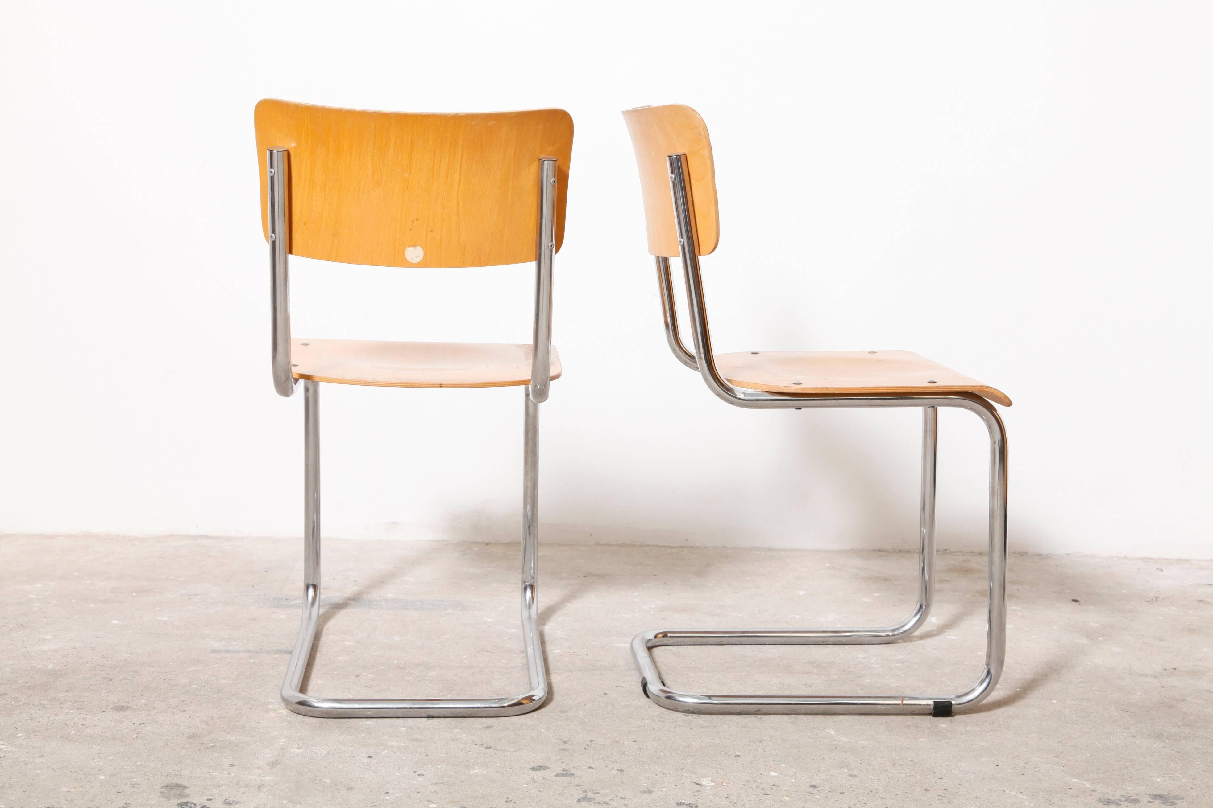 Belgian Set of Six Plywood Cantilever Tubular Chrome Chairs, 1960s