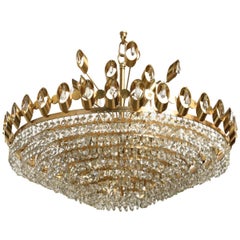Palwa Hollywood Regency Gilded Brass and Crystal Glass Chandelier