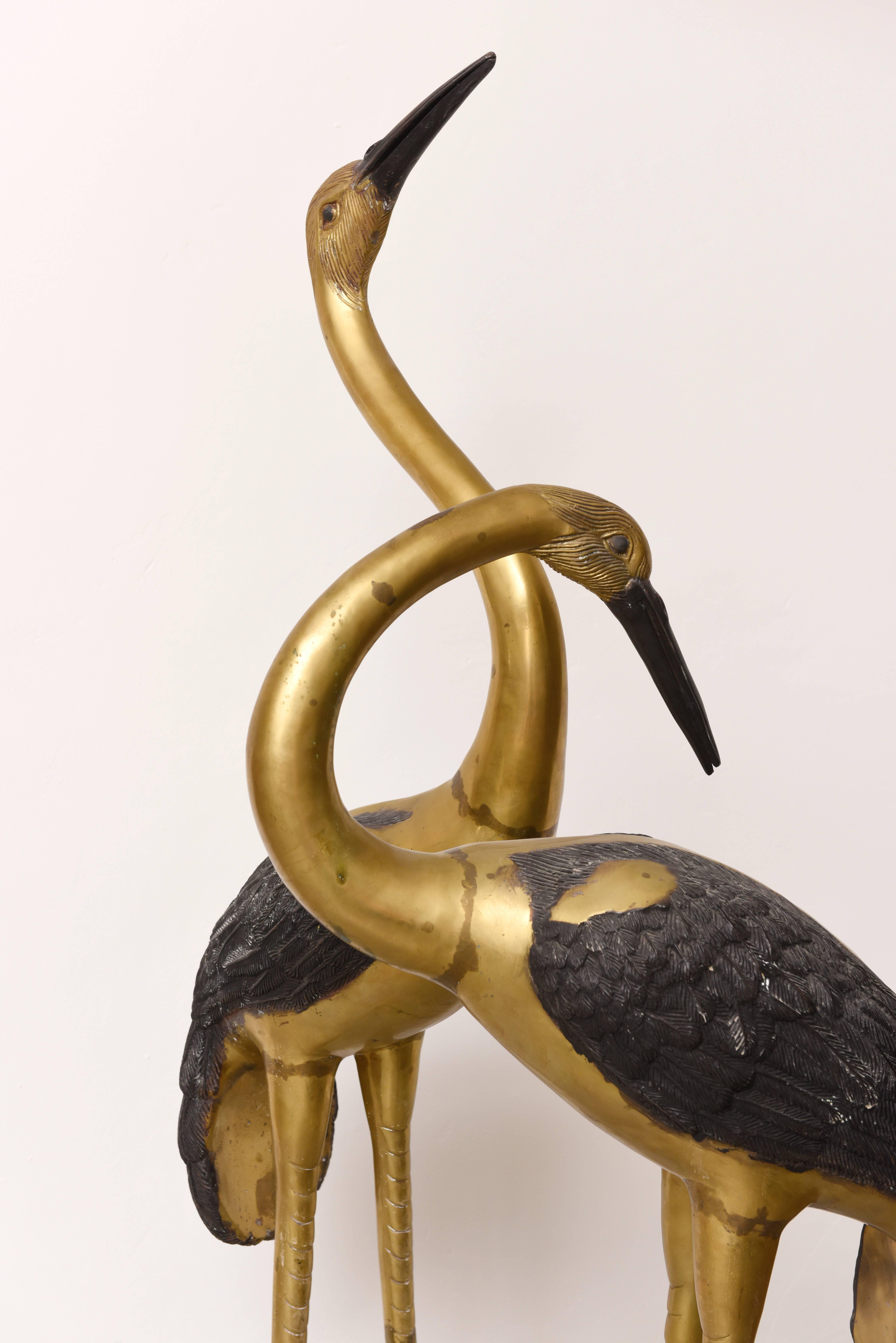 These stunning naturalistic solid brass birds sculptures brings a sense of serenity to any setting with its realistic pose.The Birds are hand made and has detail from the hooves to the head the feathers are accented with black embedded paint and has