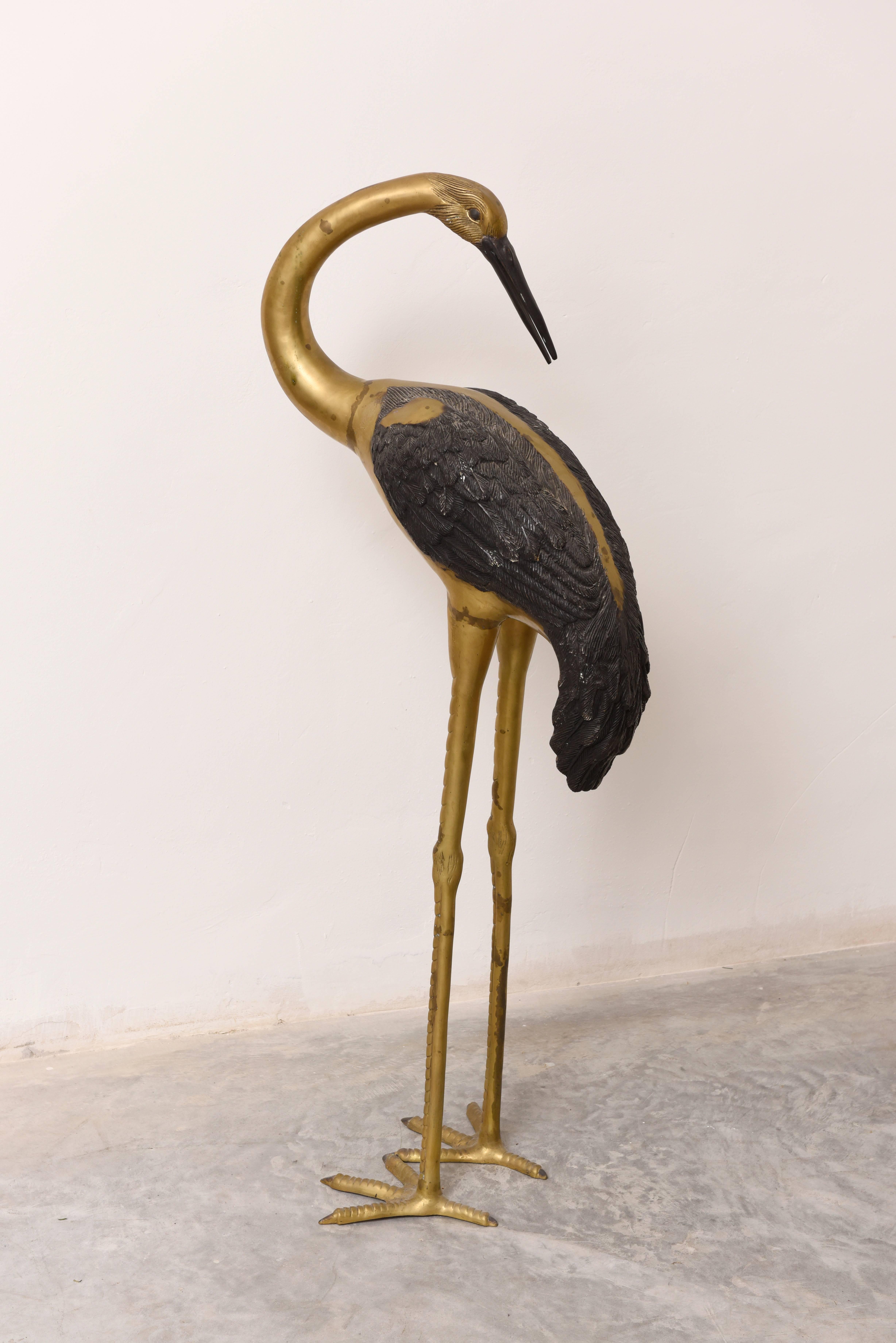 Mid-Century Modern Brass Life Size Pair of Cranes Birds Sculptures
