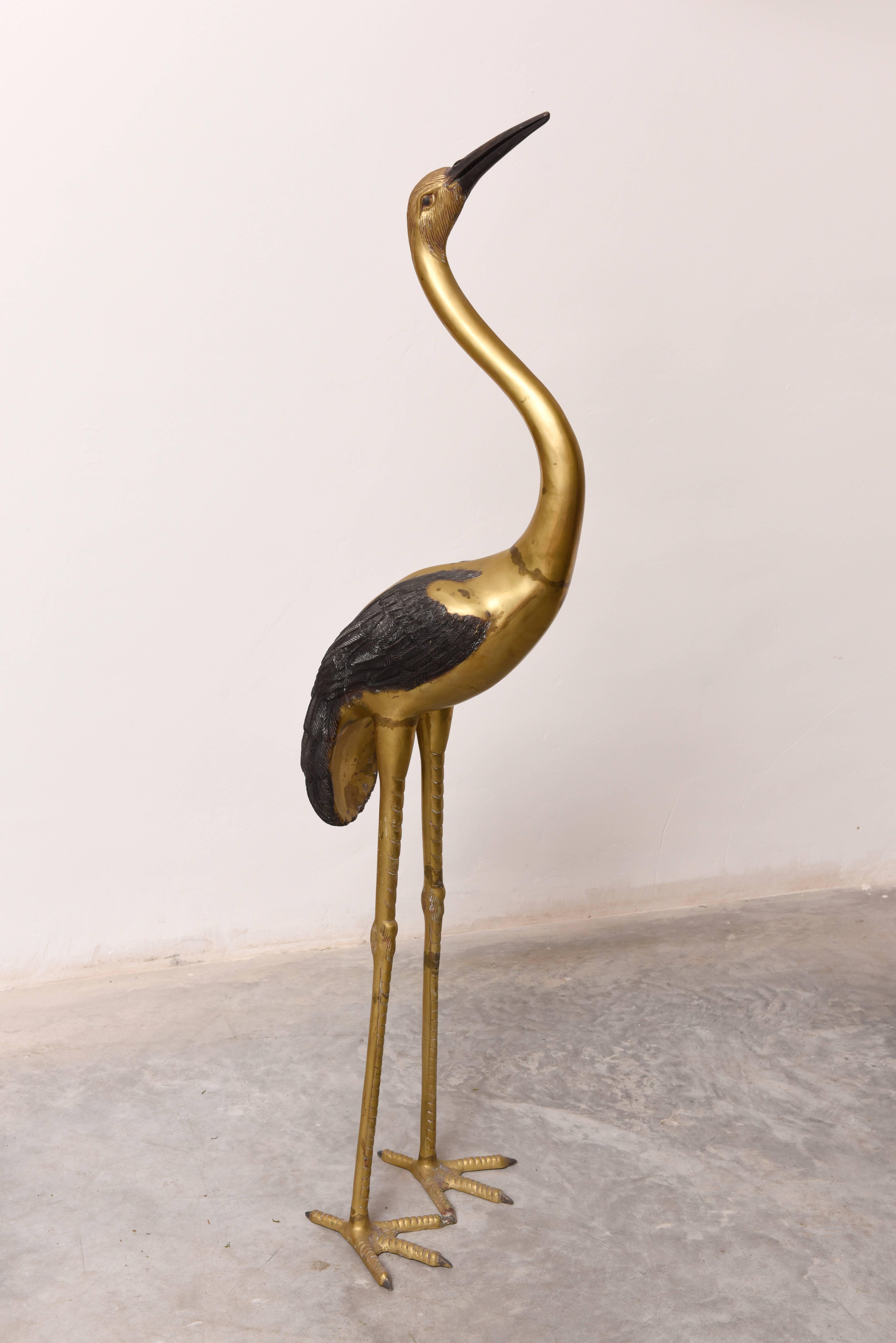 French Brass Life Size Pair of Cranes Birds Sculptures