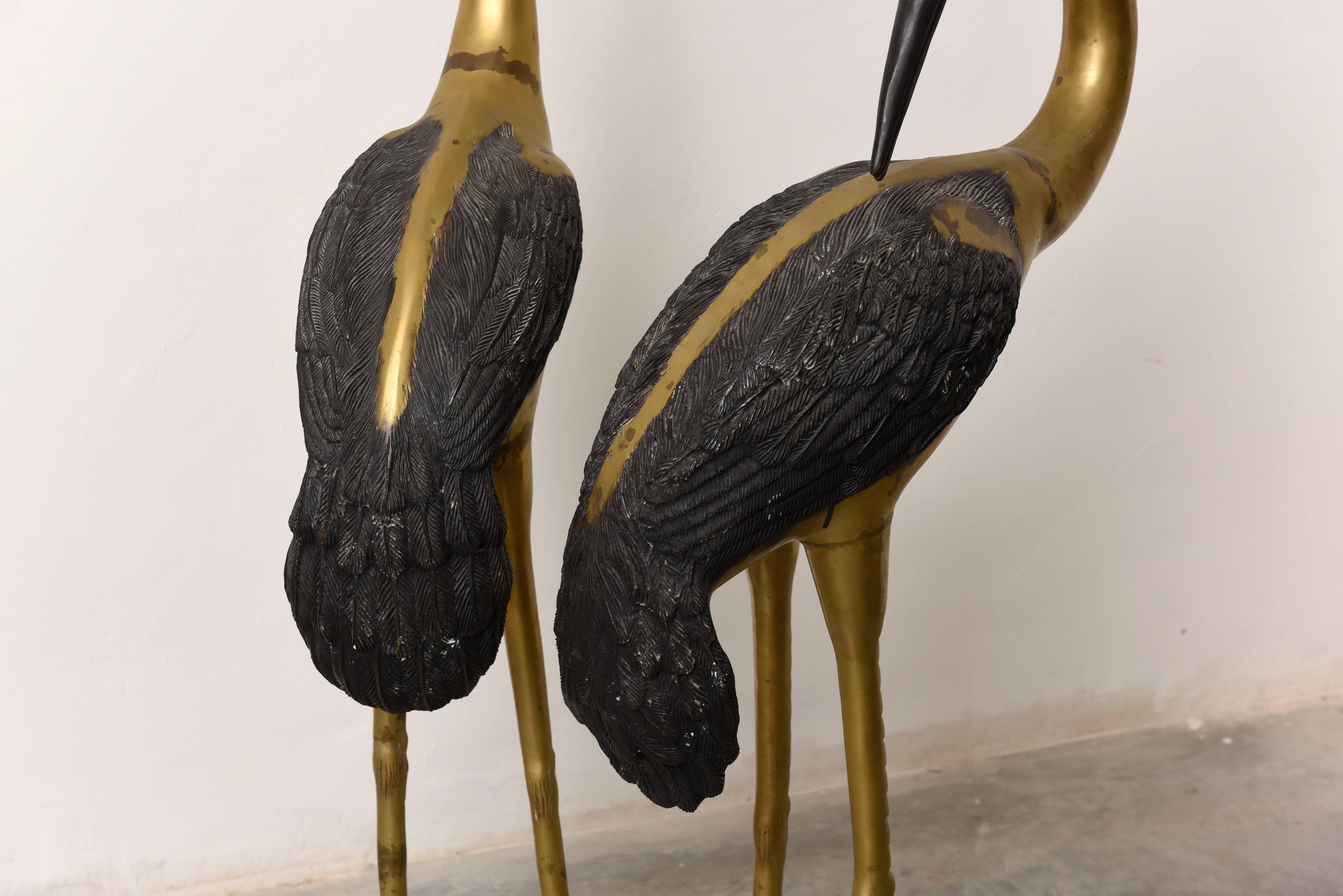 Cold-Painted Brass Life Size Pair of Cranes Birds Sculptures
