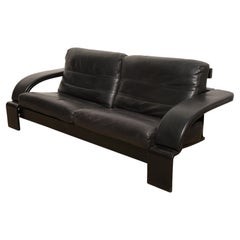 Beautiful Midcentury Modern Black Leather Large Lounge Sofa, Italy 1980s