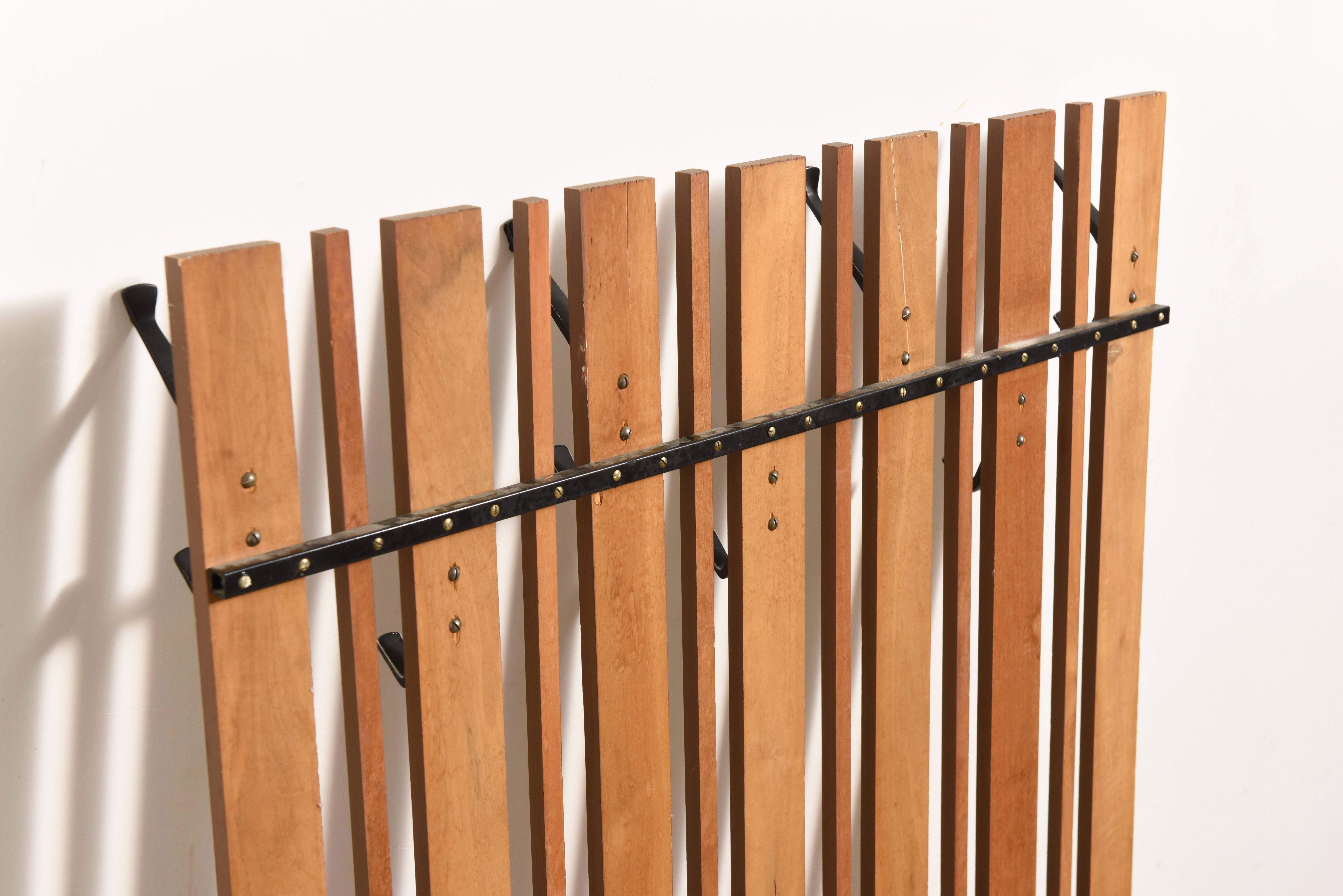 Belgian Walnut and Black Metal Wall Mounted Coat Rack 1960s, Belgium