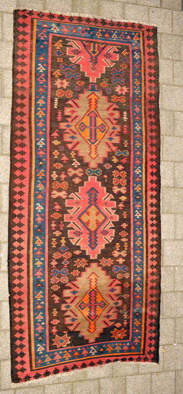 A beautiful old tribal Caucasian flat-weave. Weave characteristic geometrical motifs, Caucasian Kilim rug. With excellent wool and highly saturated natural dyes, this rug is a great antique piece that is also suitable for floor use. Rug is in good