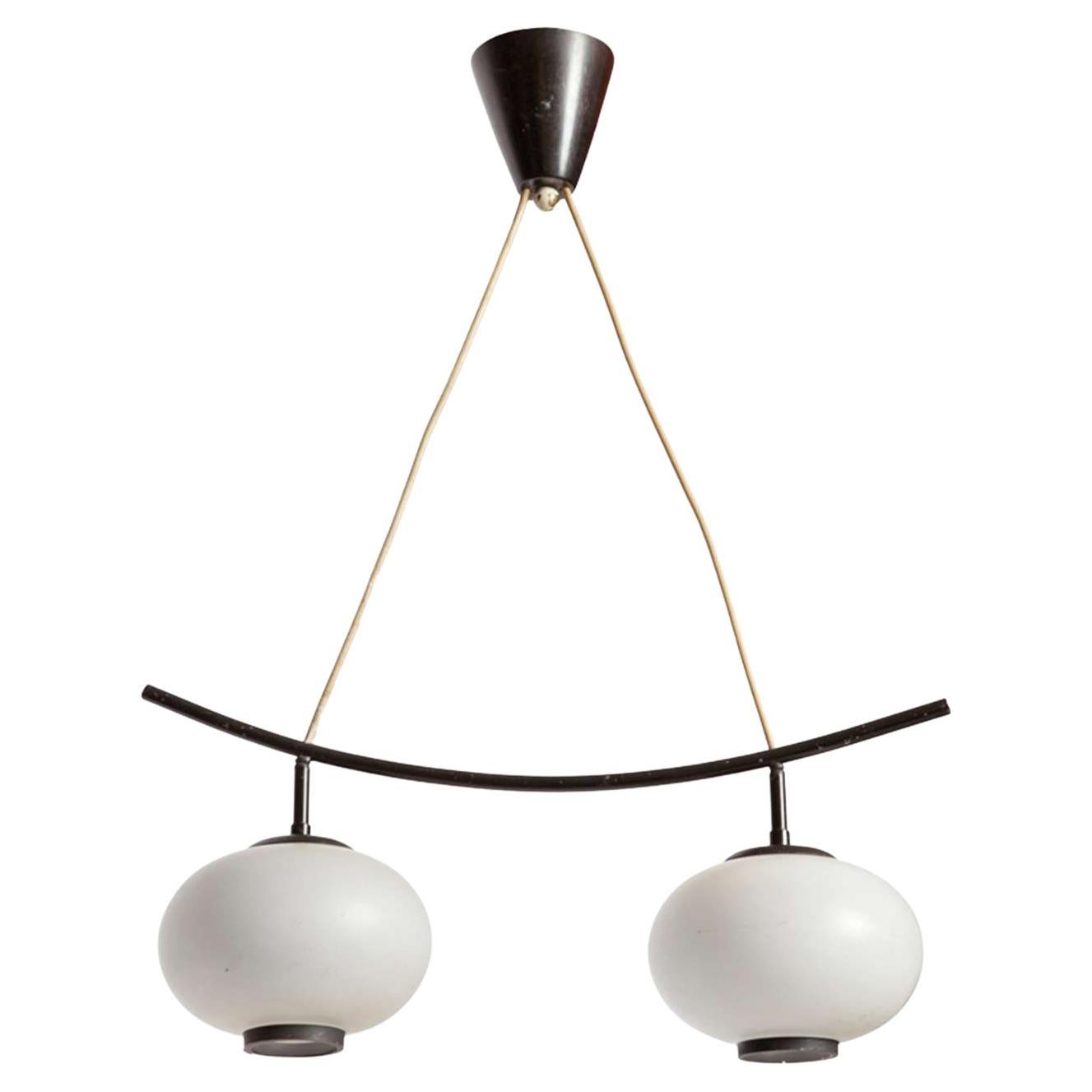 Opaline Globe Suspension Lamp Japonism Style by Jean Rispal, France For Sale