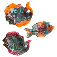 Used French Vallauris Signed Fat Lava Ceramic Fish Sculpture-Trays, 1950s