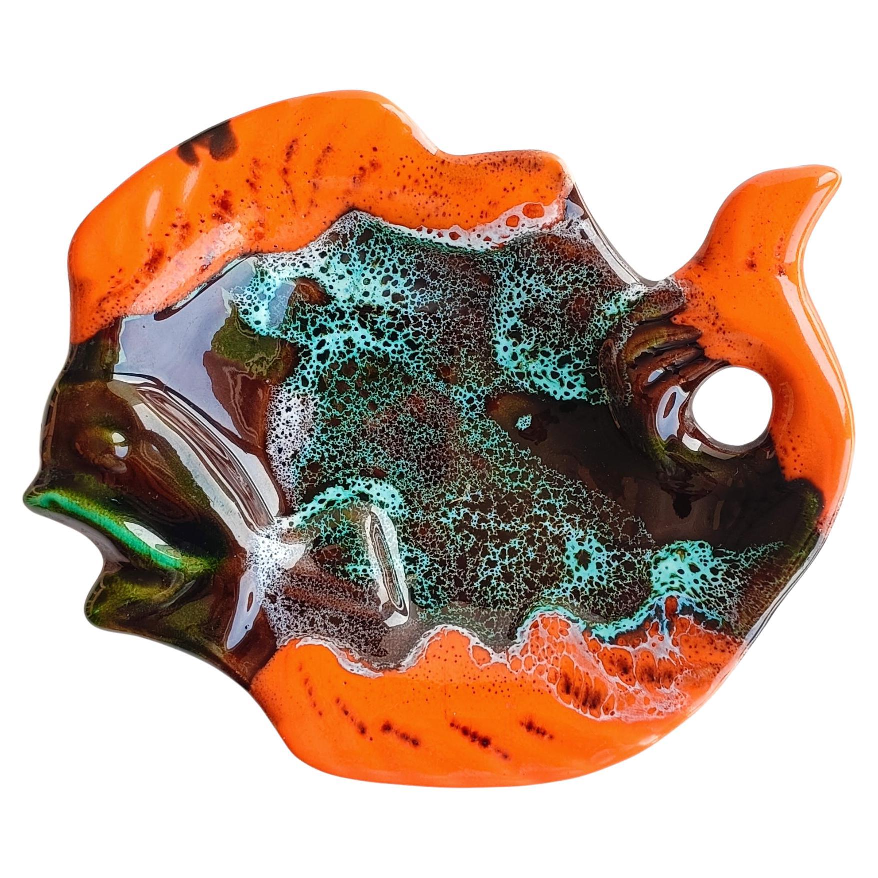 Français Vintage French Vallauris Signed Fat Lava Ceramic Fish Sculpture-Trays, 1950s en vente