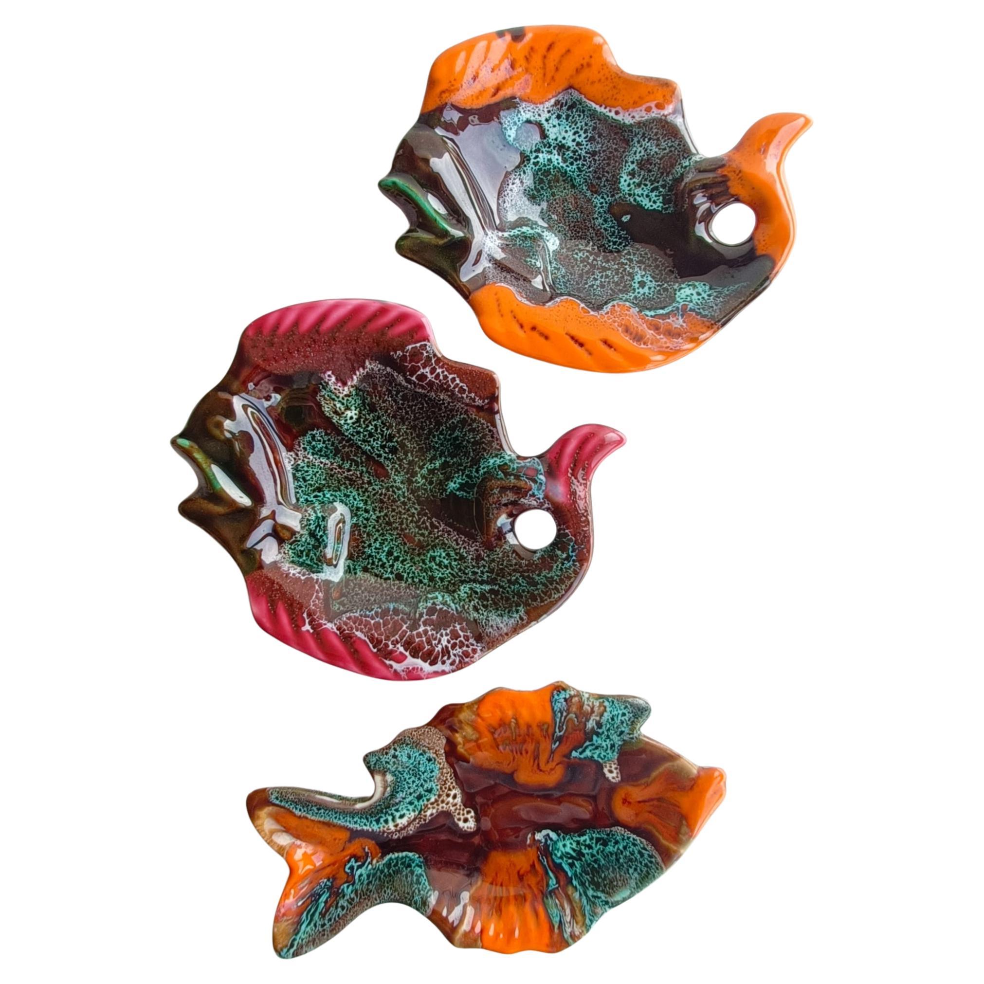 Mid-Century Modern Vintage French Vallauris Signed Fat Lava Ceramic Fish Sculpture-Trays, 1950s For Sale