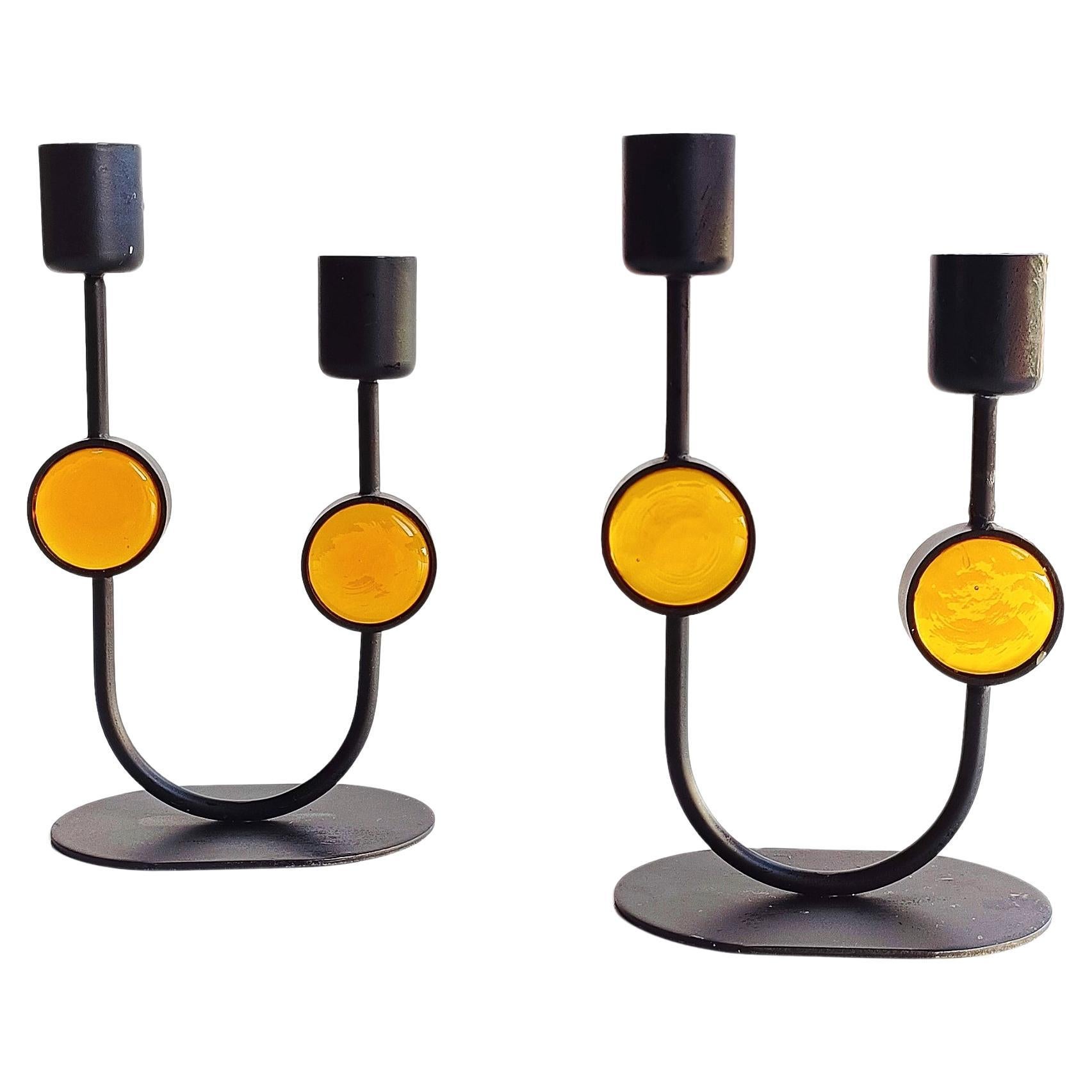 Swedish Scandinavian Modern Gunnar Under for Ystad Metal Signed Pair of Candle Holders For Sale