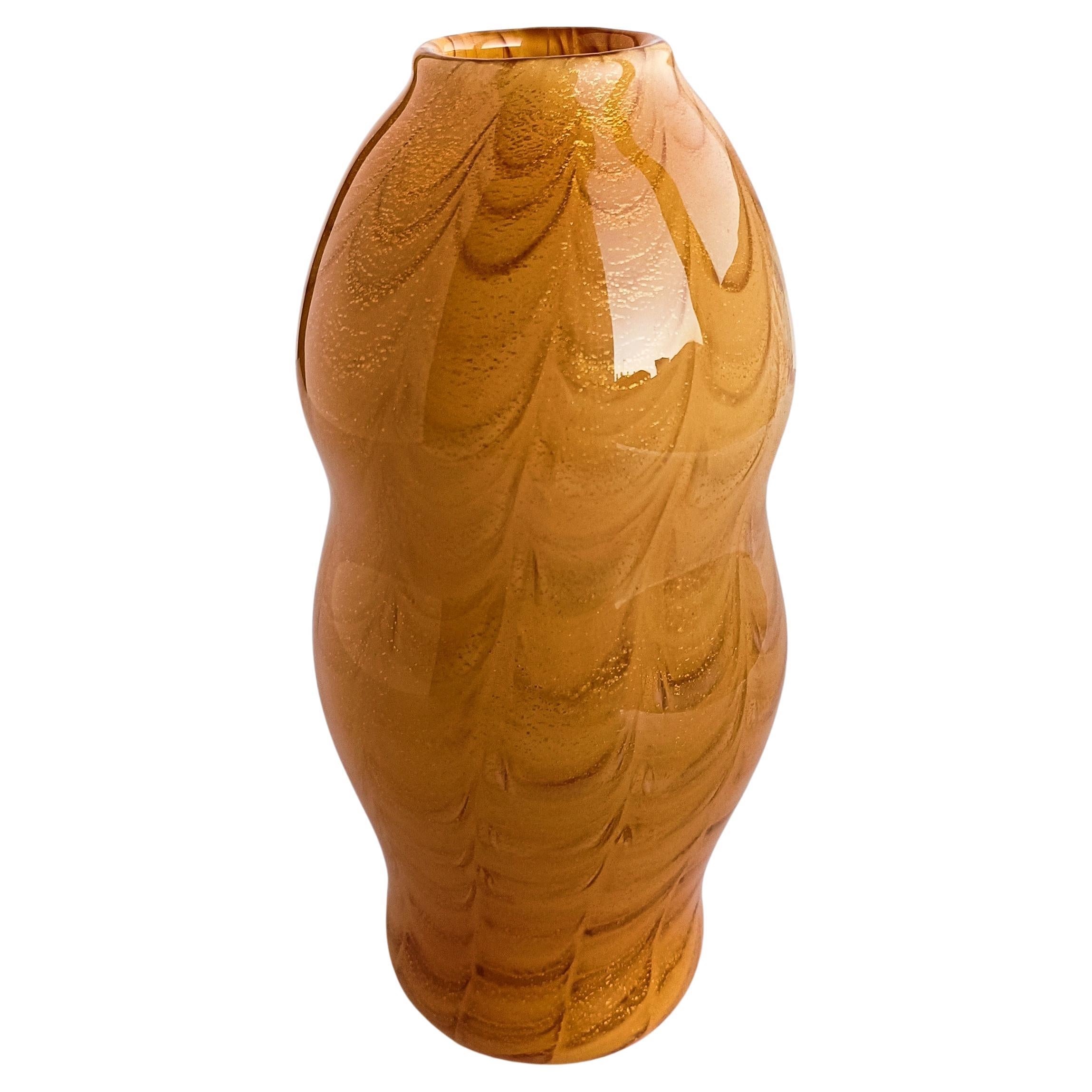 Vintage Italian Art Deco Signed Murano Glass Vase With Gold Flecks For Sale