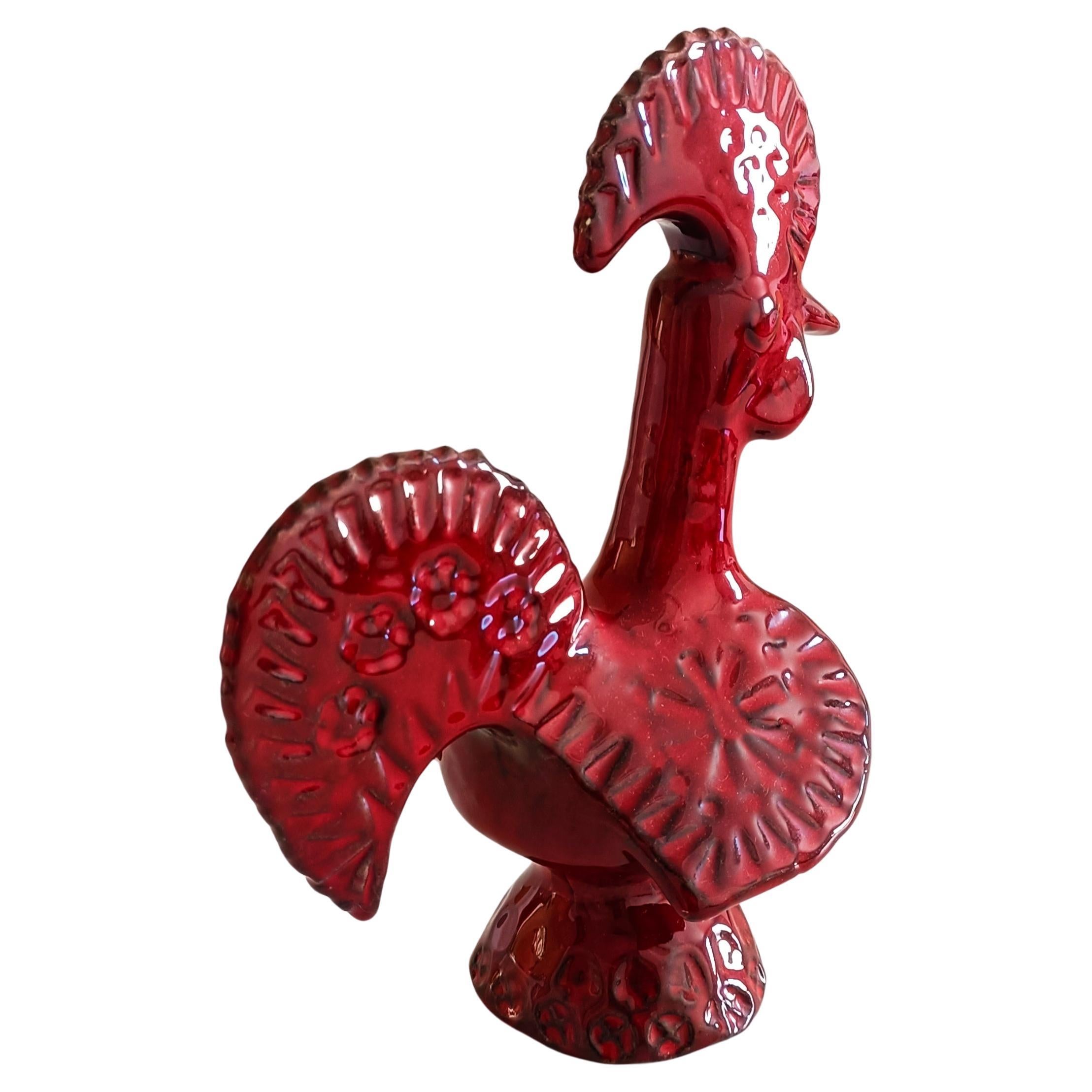 Vintage Italian Bitossi By Aldo Londi Rare Red Glaze Ceramic Rooster, 1960s 2