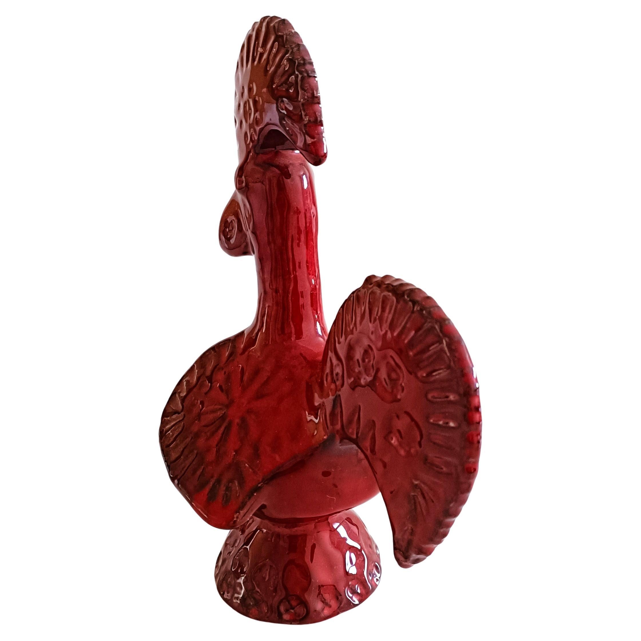 Vintage Italian Bitossi By Aldo Londi Rare Red Glaze Ceramic Rooster, 1960s 1