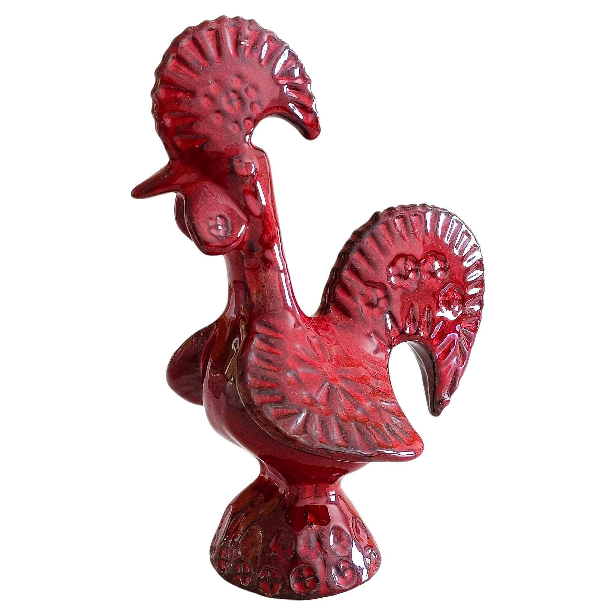 Vintage Italian Bitossi By Aldo Londi Rare Red Glaze Ceramic Rooster, 1960s In Excellent Condition In Valencia, VC