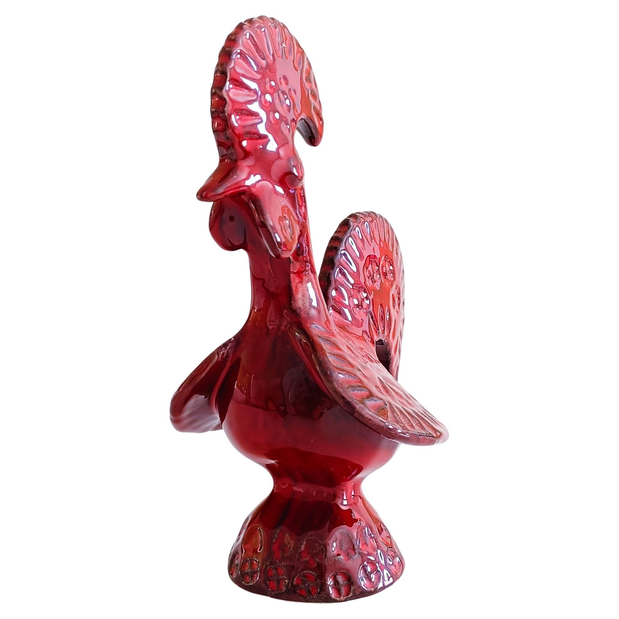 Glazed Vintage Italian Bitossi By Aldo Londi Rare Red Glaze Ceramic Rooster, 1960s