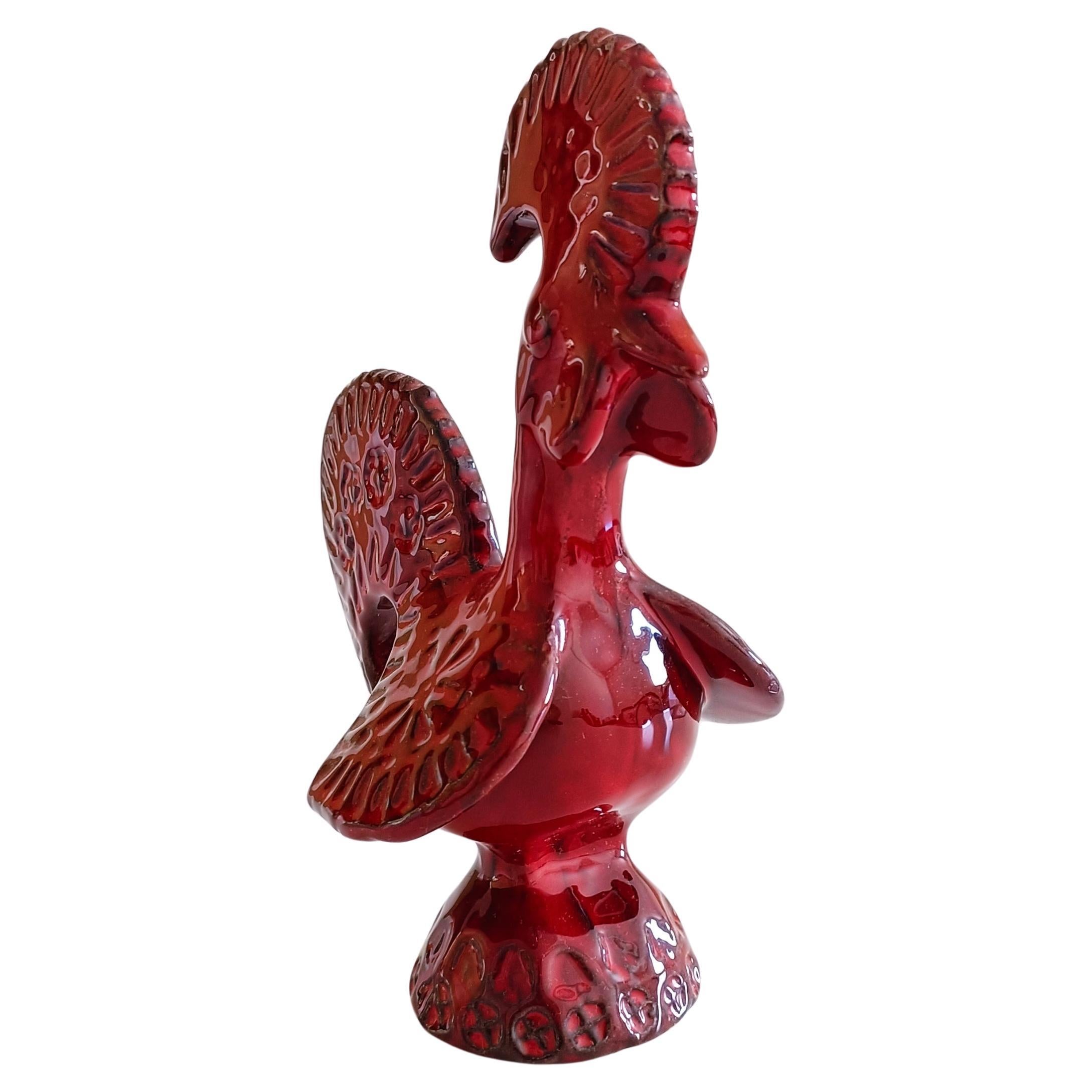 Mid-Century Modern Vintage Italian Bitossi By Aldo Londi Rare Red Glaze Ceramic Rooster, 1960s