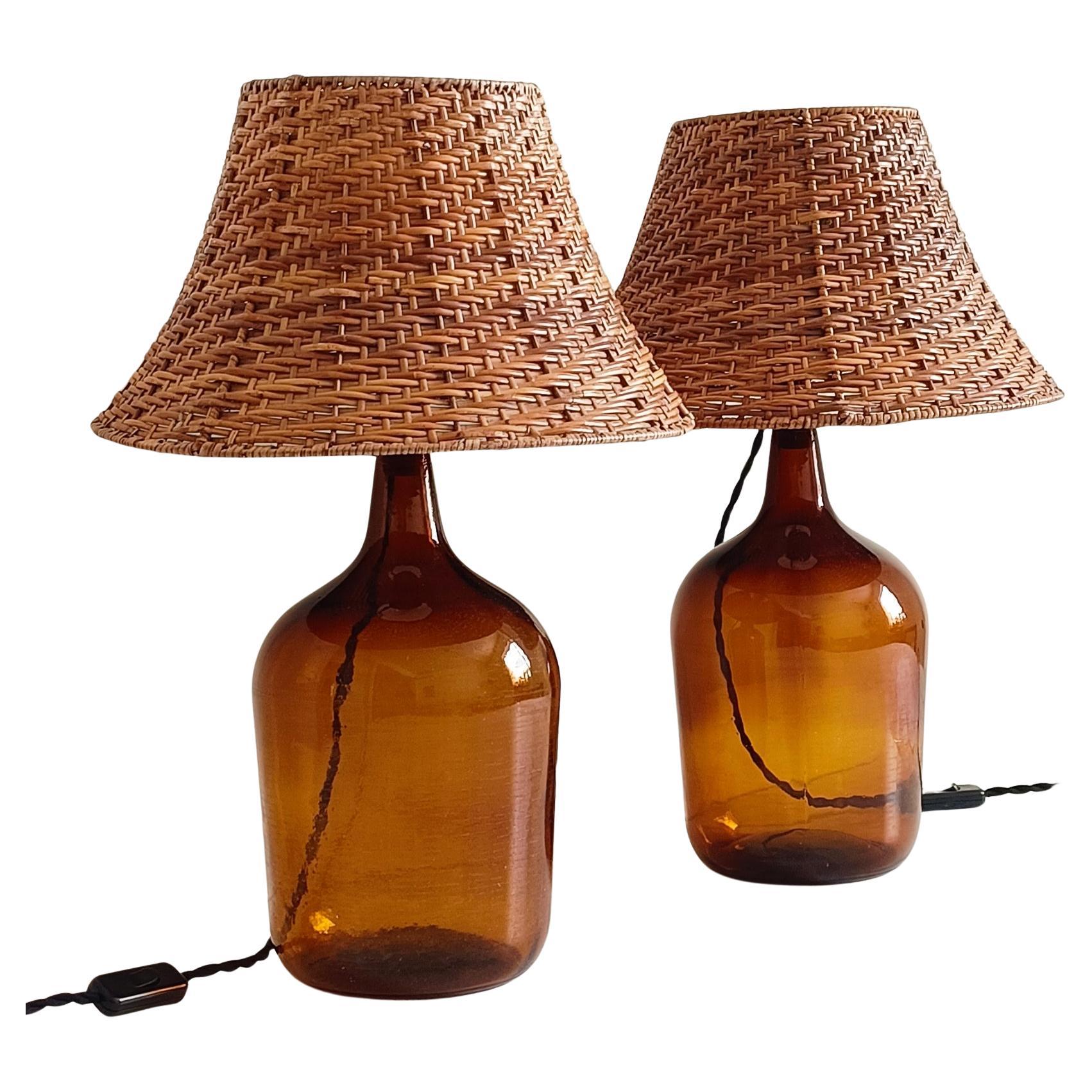 Spanish Mid Century Demijohn and Wicker Pair of Table Lamps, 1950s