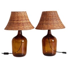 Mid Century Demijohn and Wicker Pair of Table Lamps, 1950s