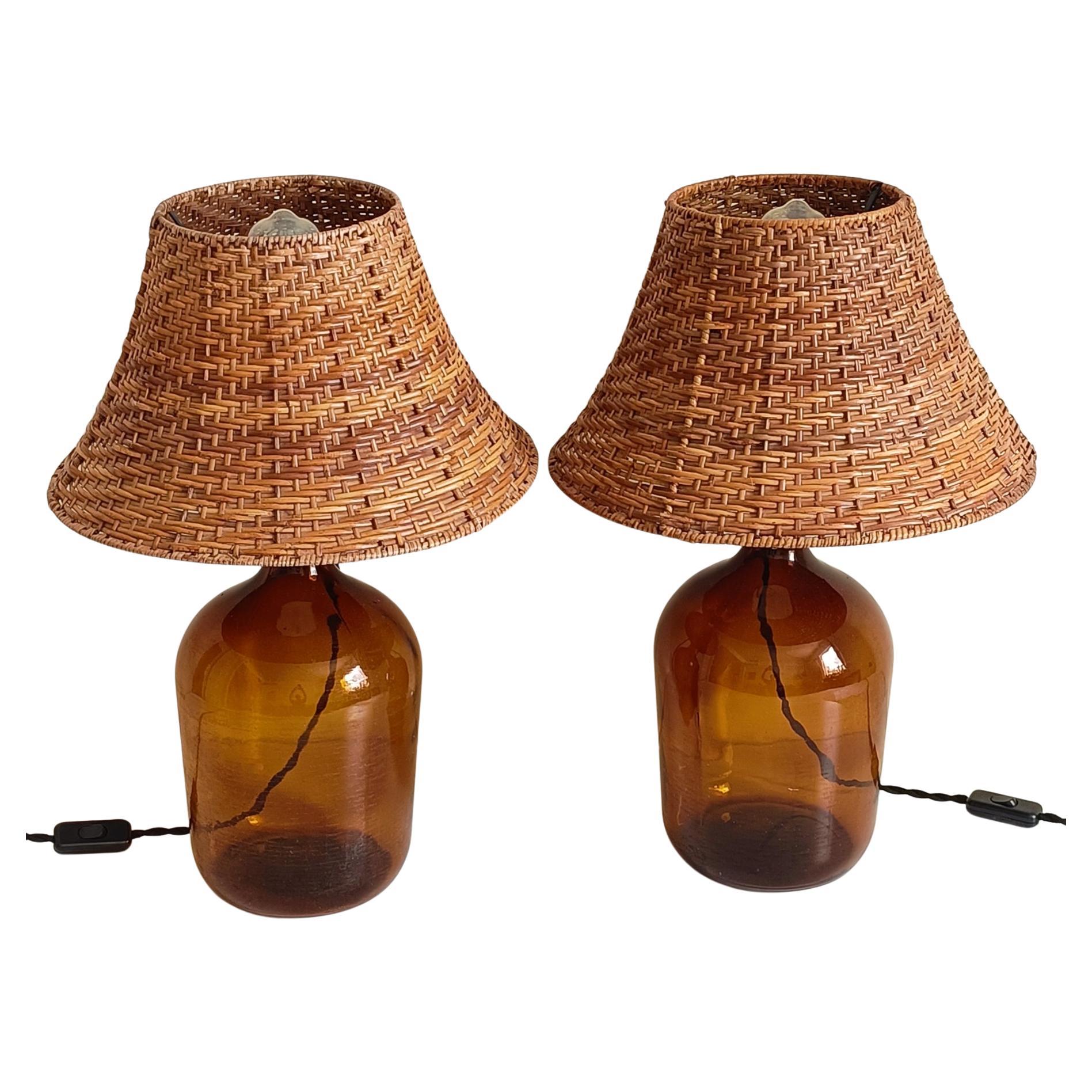 20th Century Mid Century Demijohn and Wicker Pair of Table Lamps, 1950s