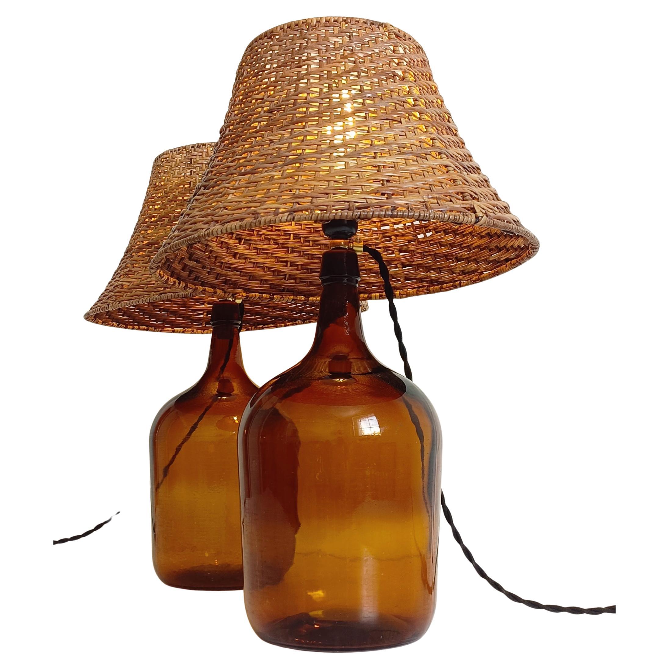 Mid Century Demijohn and Wicker Pair of Table Lamps, 1950s 3