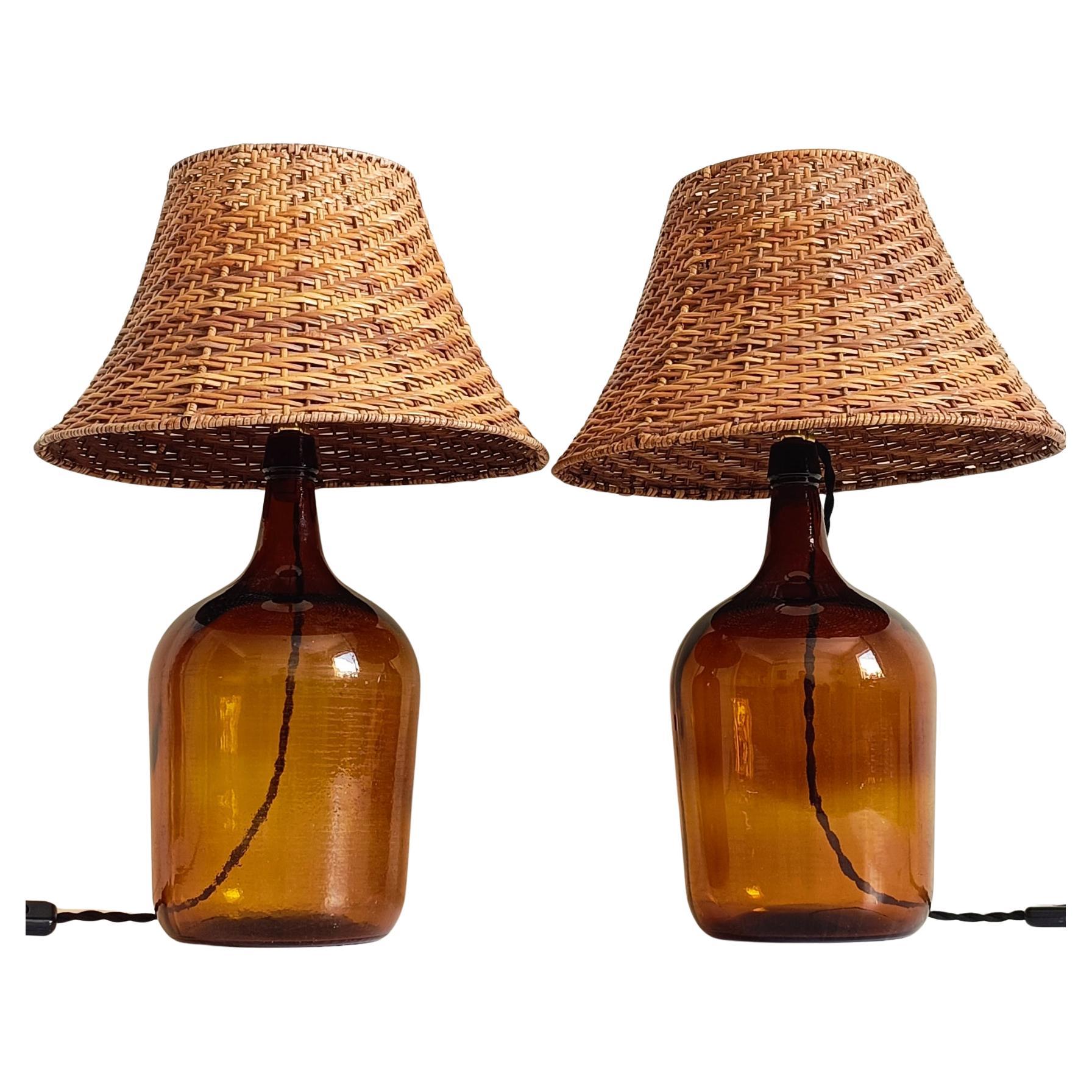 Hand-Crafted Mid Century Demijohn and Wicker Pair of Table Lamps, 1950s