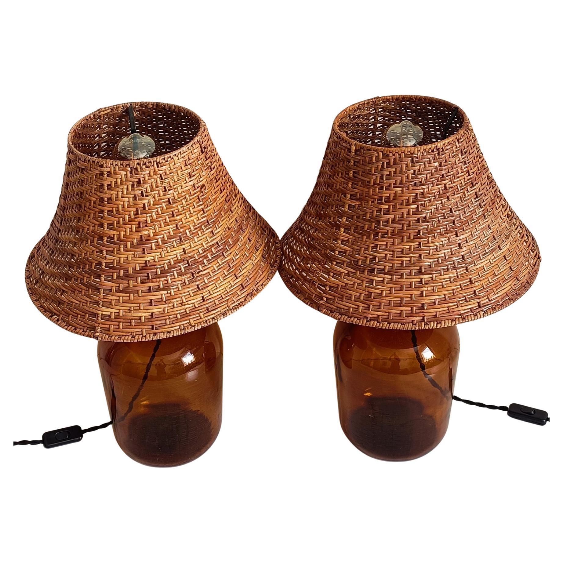 Mid Century Demijohn and Wicker Pair of Table Lamps, 1950s 1