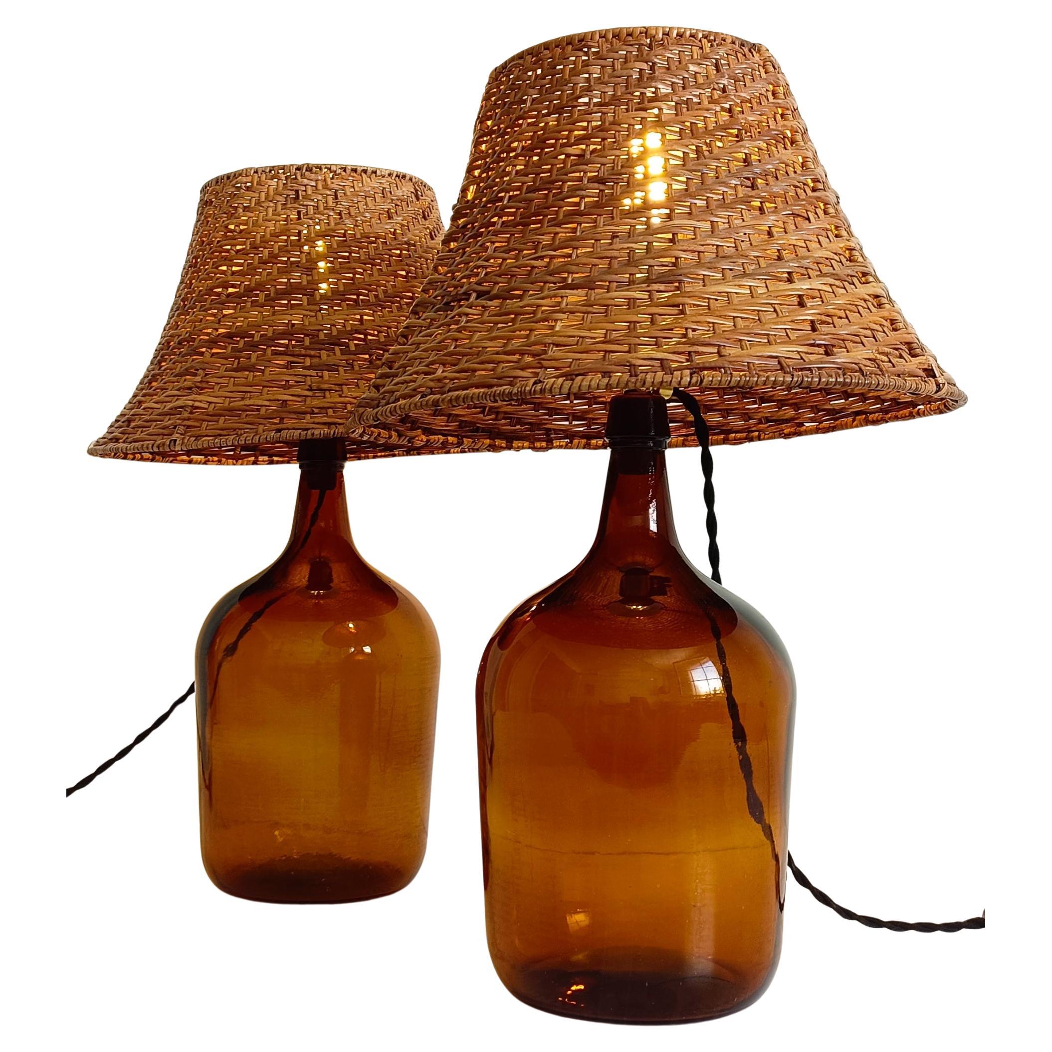 Mid Century Demijohn and Wicker Pair of Table Lamps, 1950s 2