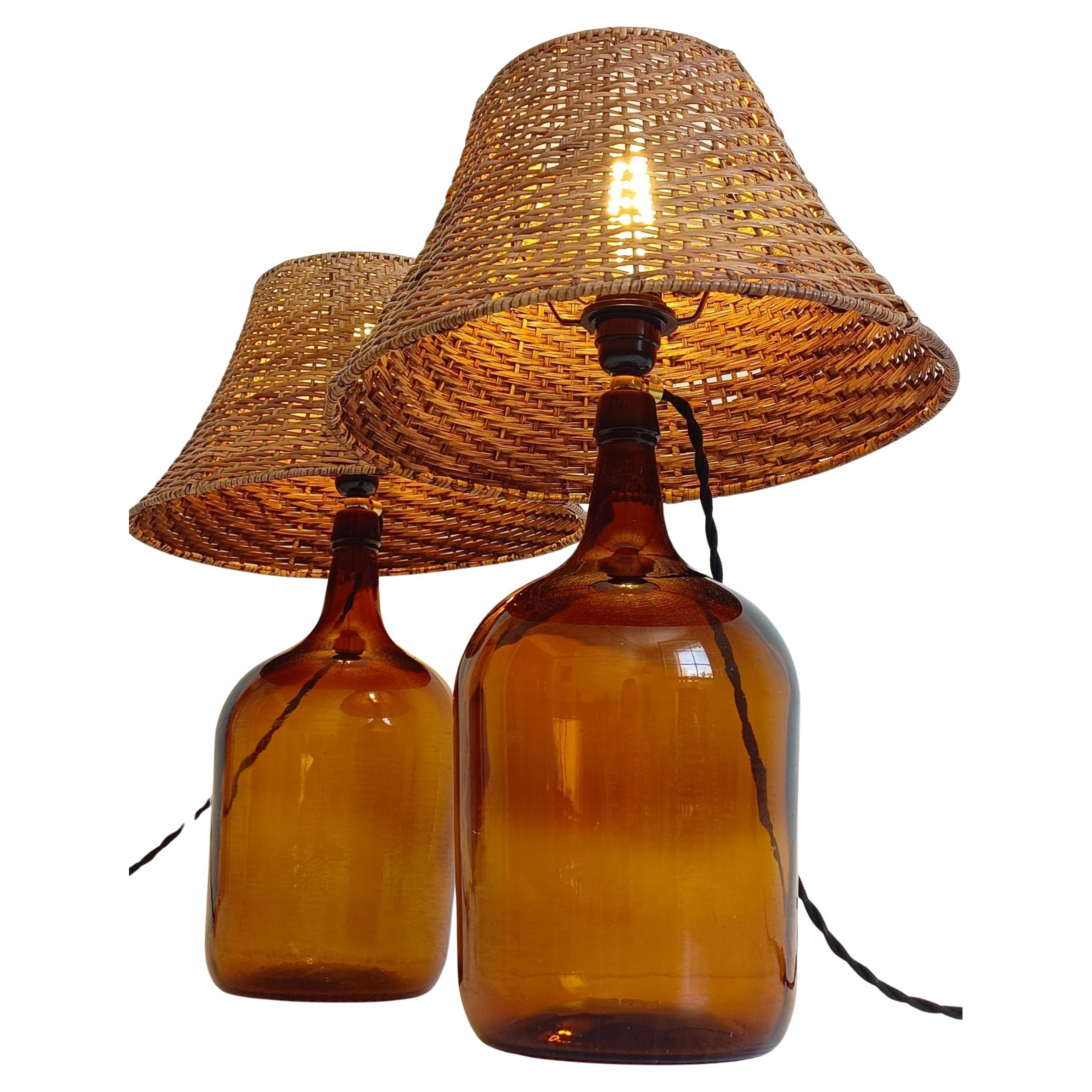 Mid-Century Modern Mid Century Demijohn and Wicker Pair of Table Lamps, 1950s