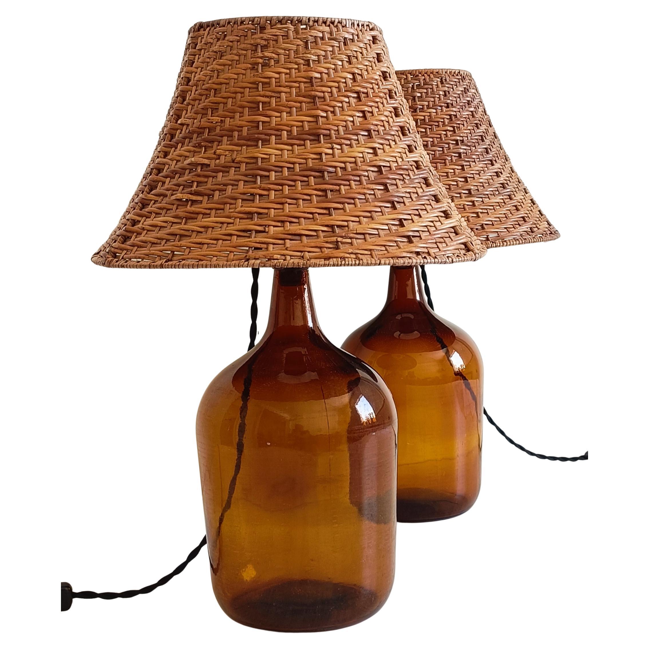 Mid Century Demijohn and Wicker Pair of Table Lamps, 1950s In Excellent Condition In Valencia, VC