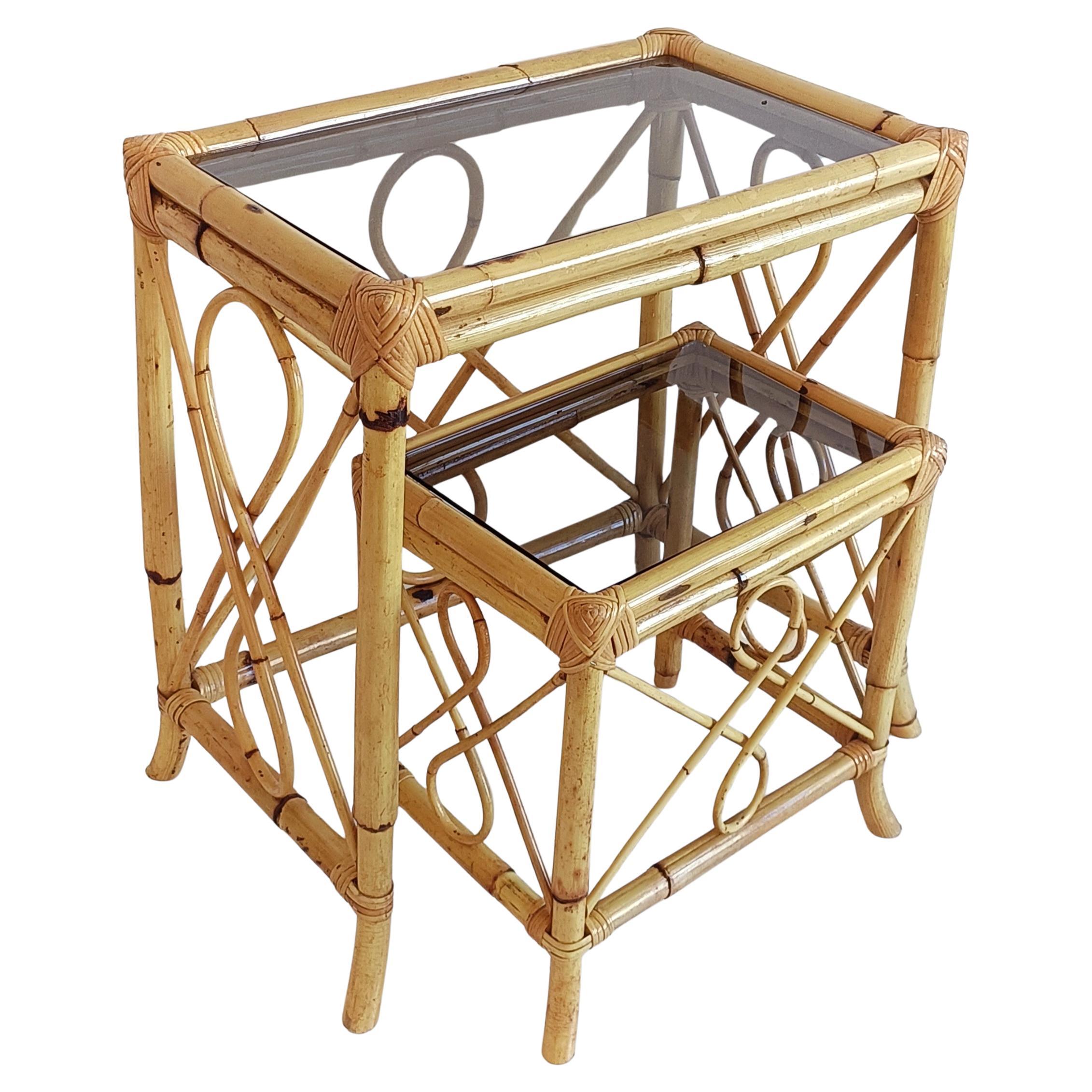 Tables gigognes de la Côte d'Azur en bambou et rotin, Espagne, années 1960 en vente