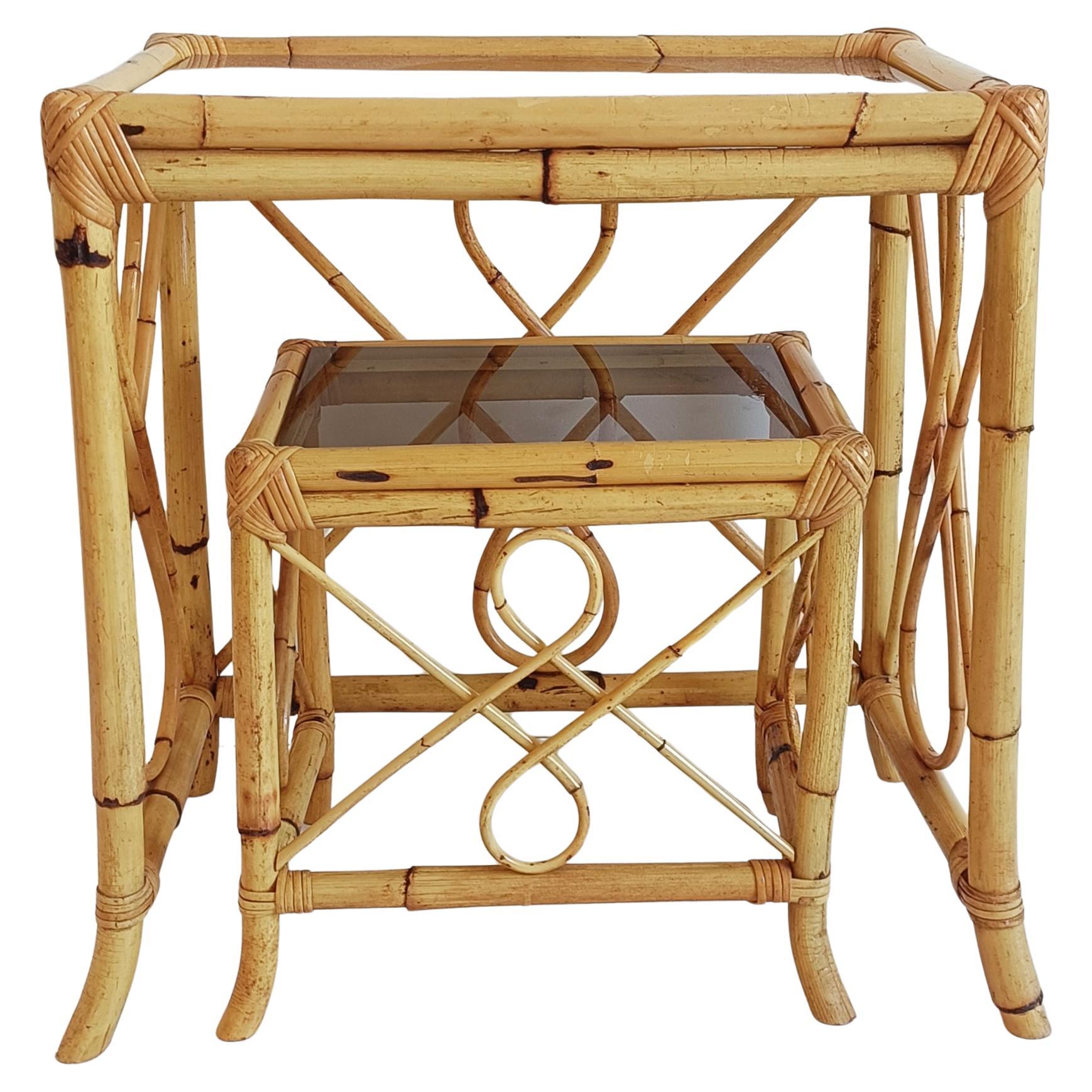 Mid-Century Modern Tables gigognes de la Côte d'Azur en bambou et rotin, Espagne, années 1960 en vente
