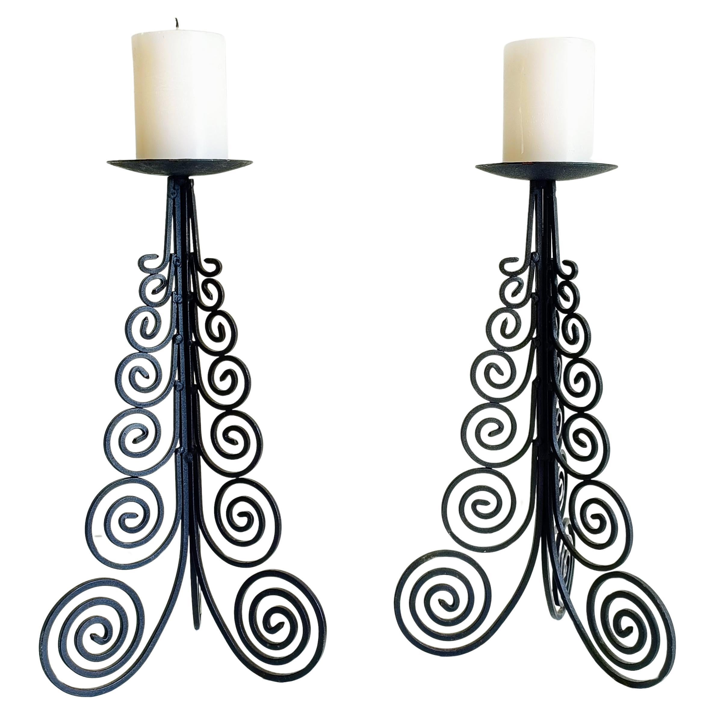 Spanish Cortijo Style Black Forged Iron Pair of Large Candelabra, Spain, 1970s