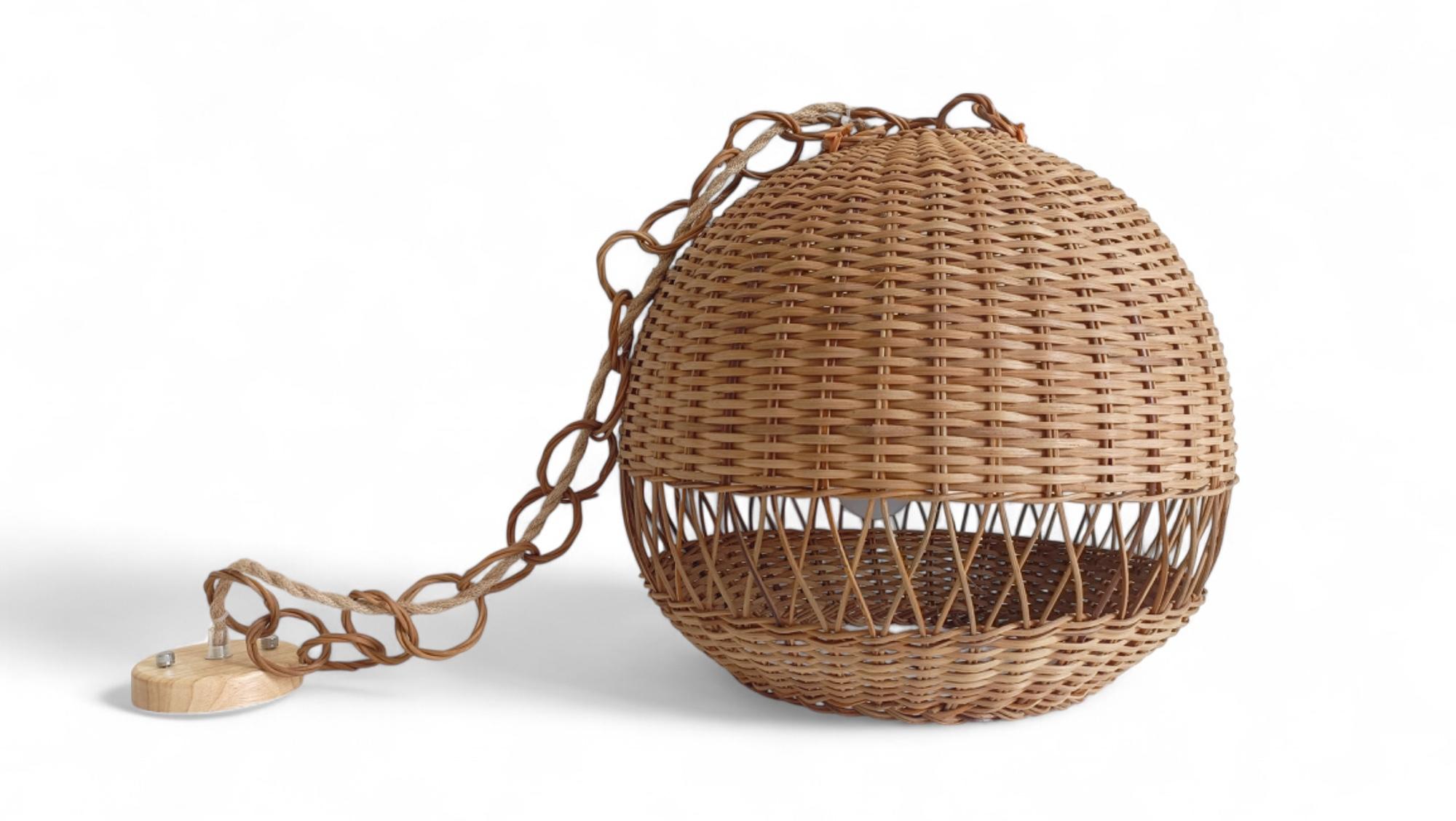 Rustic Midcentury Wicker Pendant Lamp, Handmade in Spain c. 1970s For Sale 6