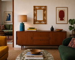 Specchio da parete vintage spagnolo degli anni '70, realizzato a mano in bambù e rattan, con cornice bicolore