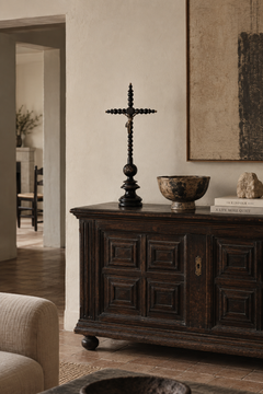 Antique French Folk Art Tabletop Crucifix, Ebonized Wood, 19th Century