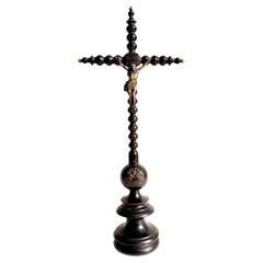 Antique French Folk Art Tabletop Crucifix, Ebonized Wood, 19th Century