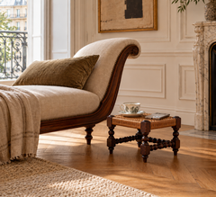 Antique French Turned Wood and Woven Rattan Footstool/ Sidetable, 19th Century
