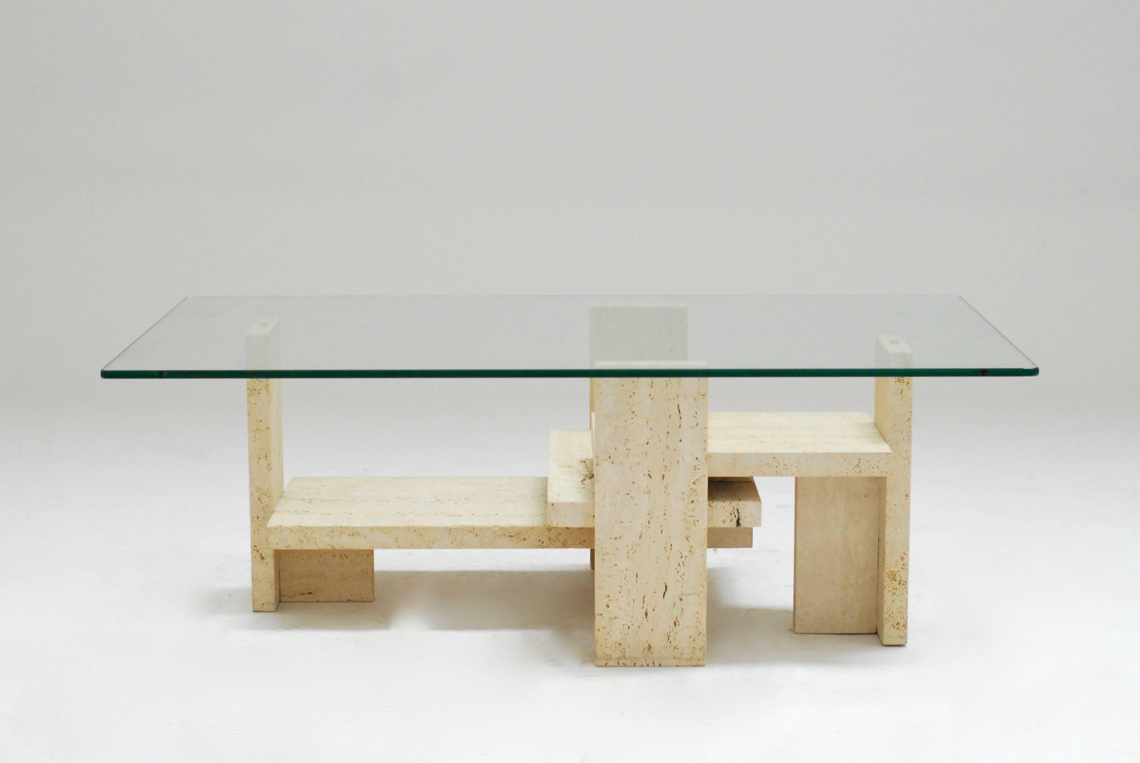 Belgian Willy Ballez Constructivist Travertine Coffee Table For Sale
