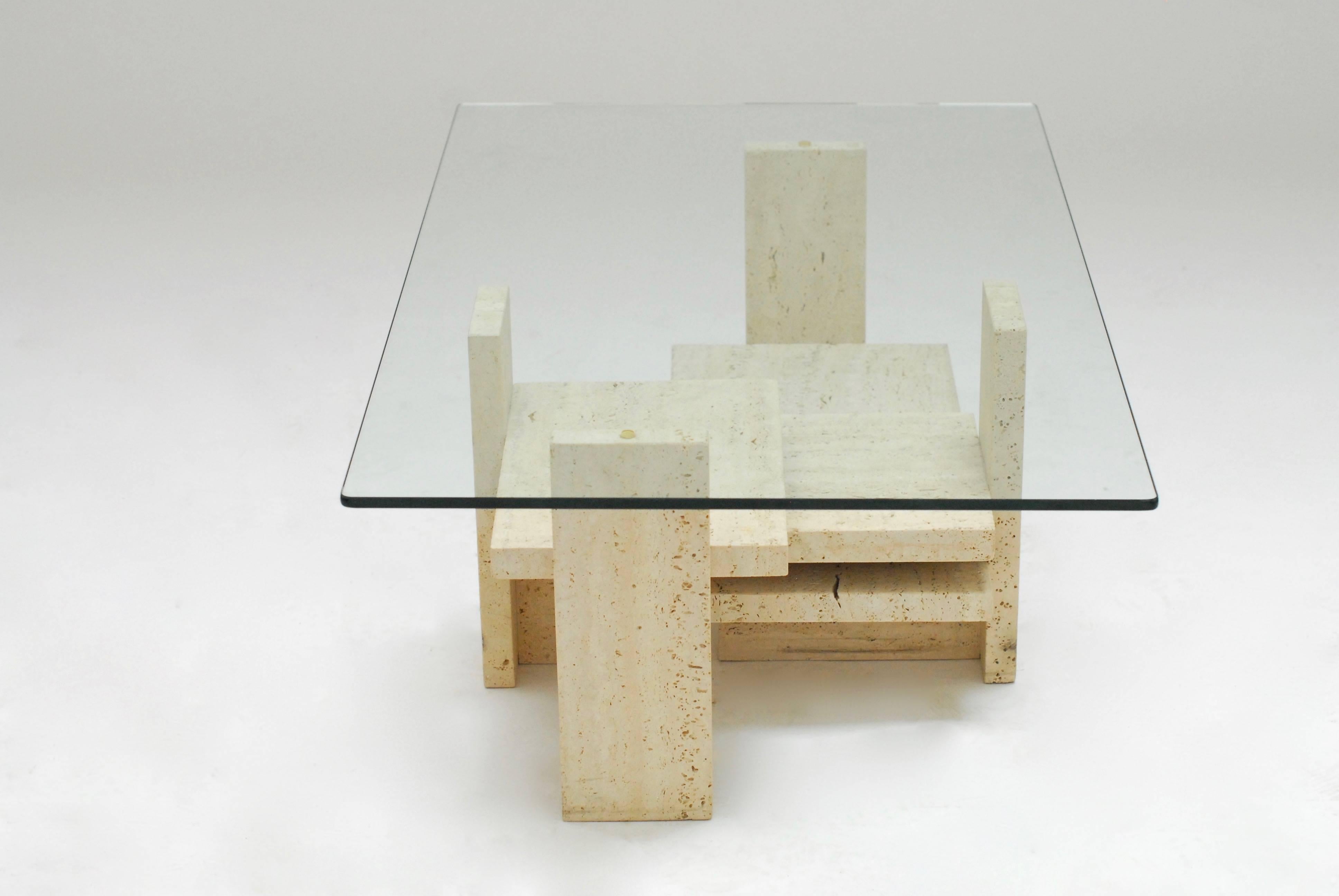 Late 20th Century Willy Ballez Constructivist Travertine Coffee Table For Sale
