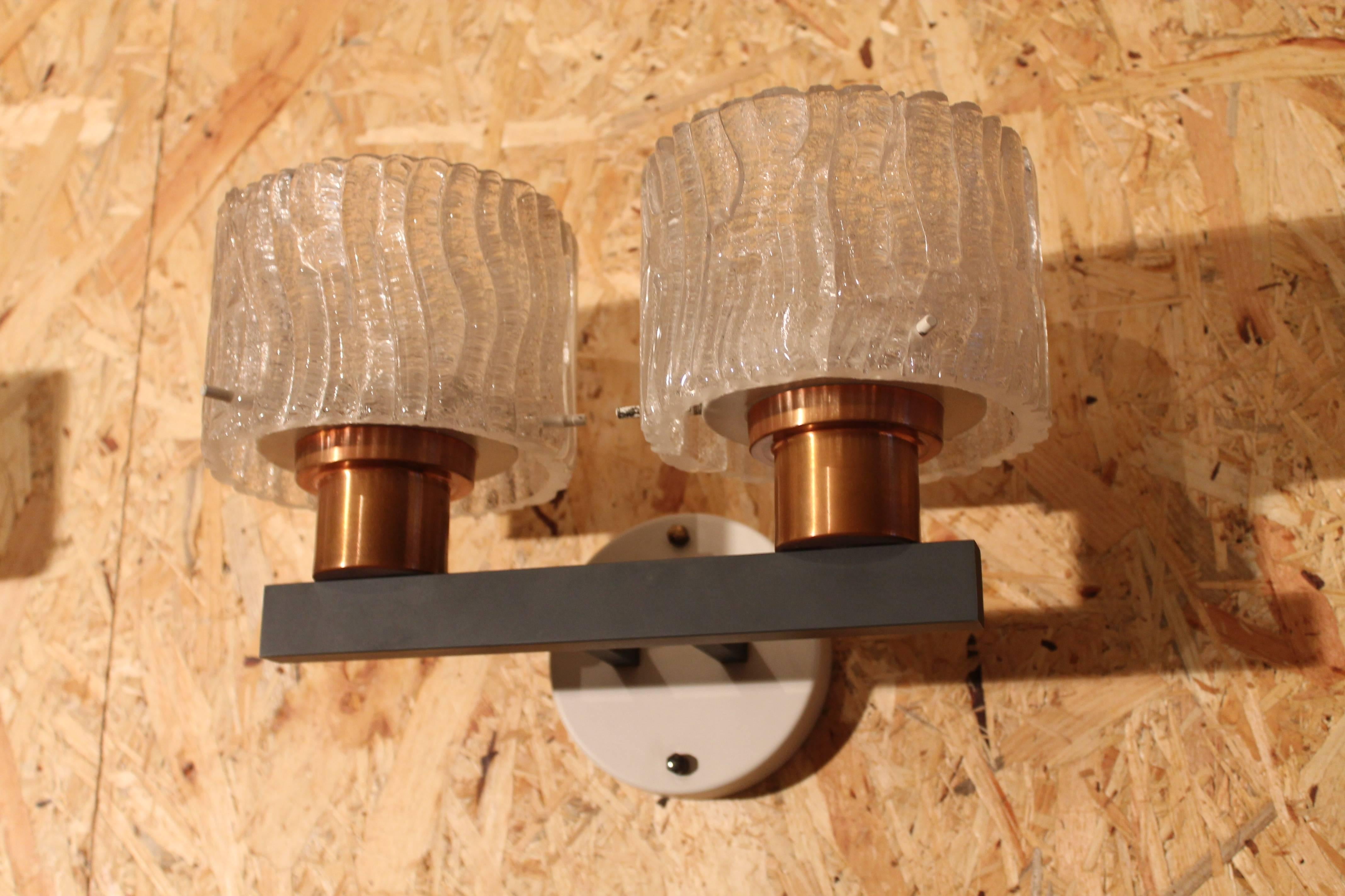 Dutch Pair of Vintage Glass and Brass Wall Sconces by Philips, 1950s