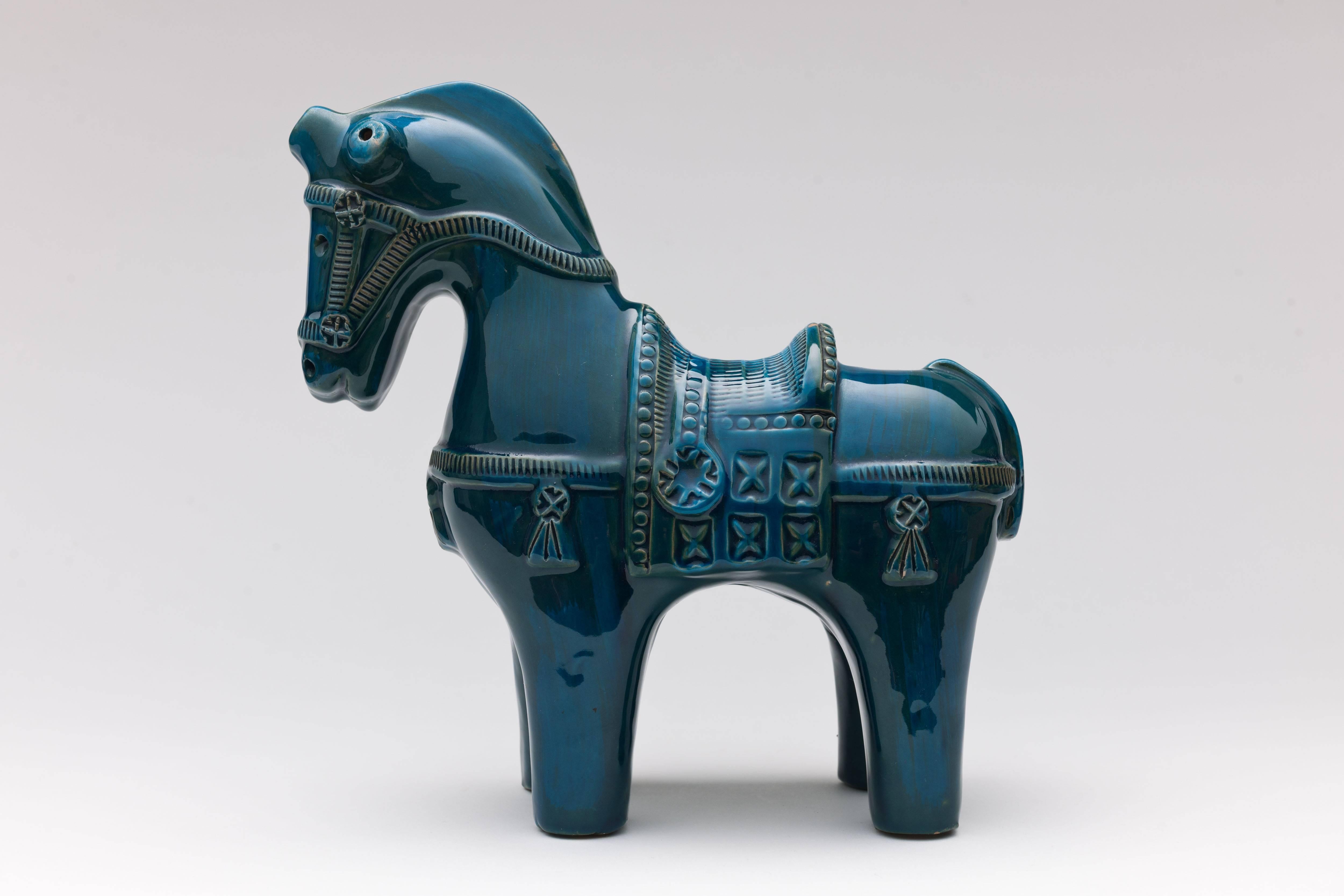 Aldo Londi, Bitossi Italy horse in petrol blue and green. 
Gorgeous coloring and glazing. 
Fully signed, numbered to underside. 

