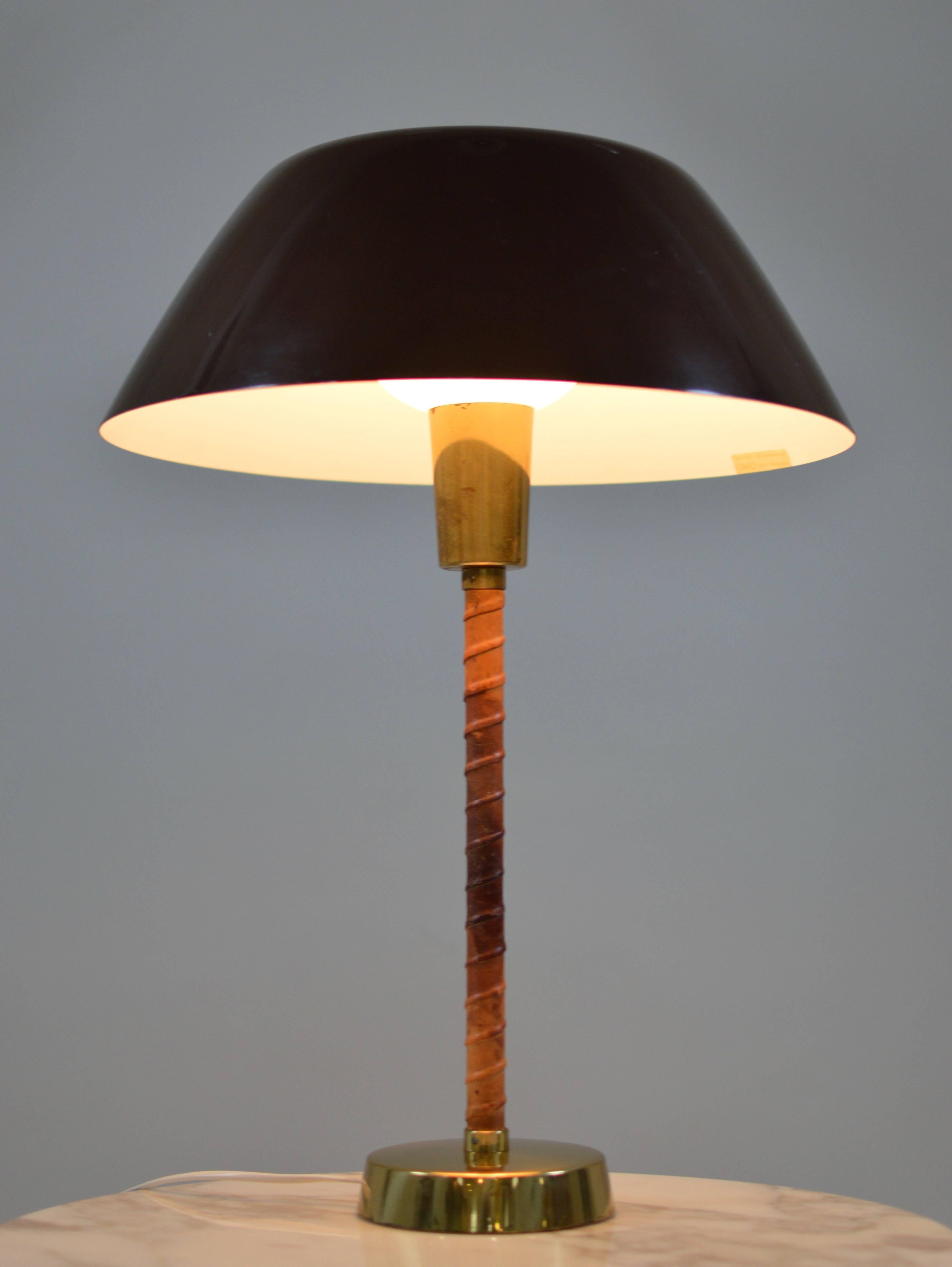 Scandinavian Modern Lisa Johansson-Pape Brass and Leather Table Lamp by Orno