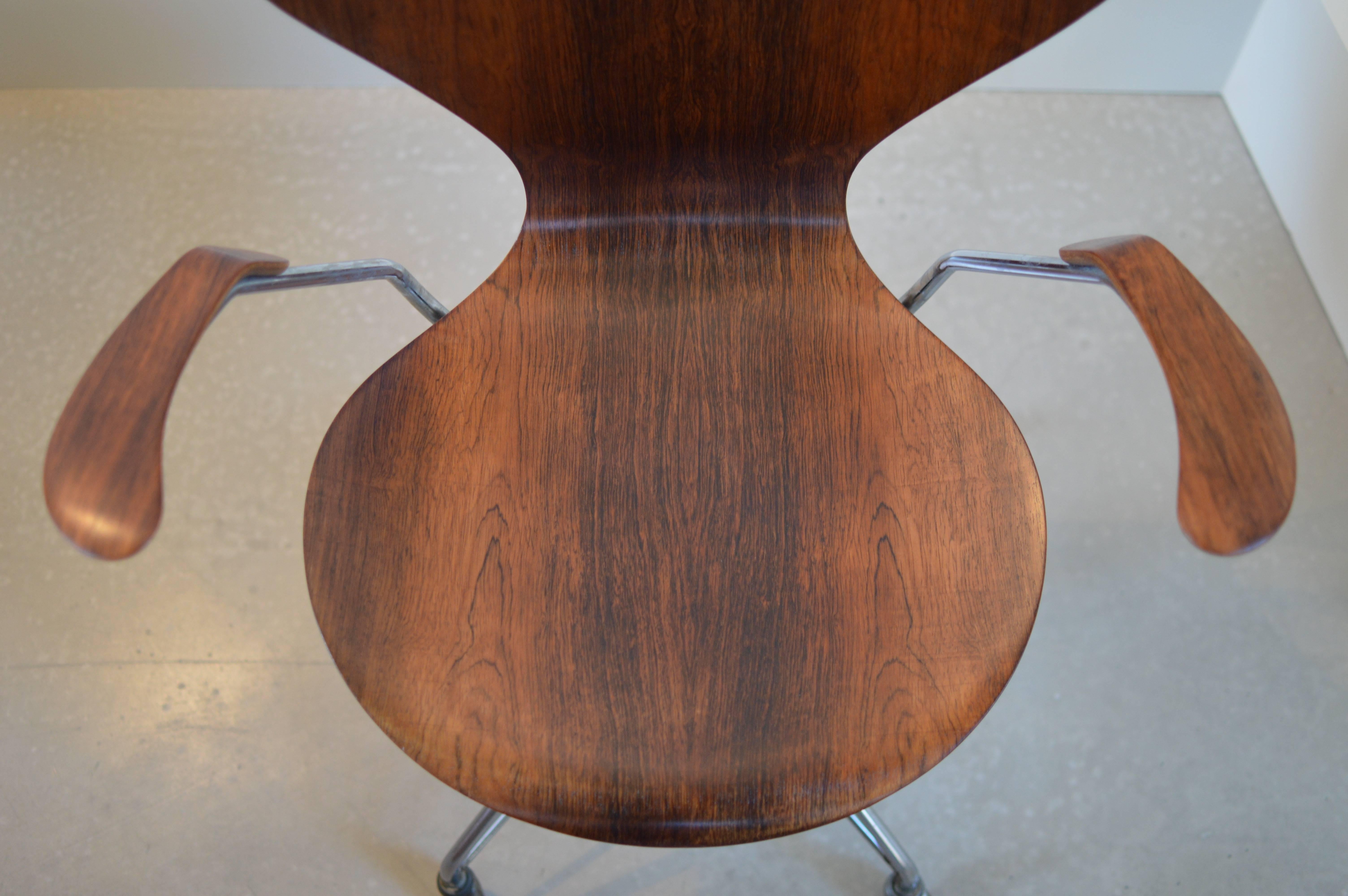 Danish Rare Arne Jacobsen Rosewood Swivel Desk Chair with Arms