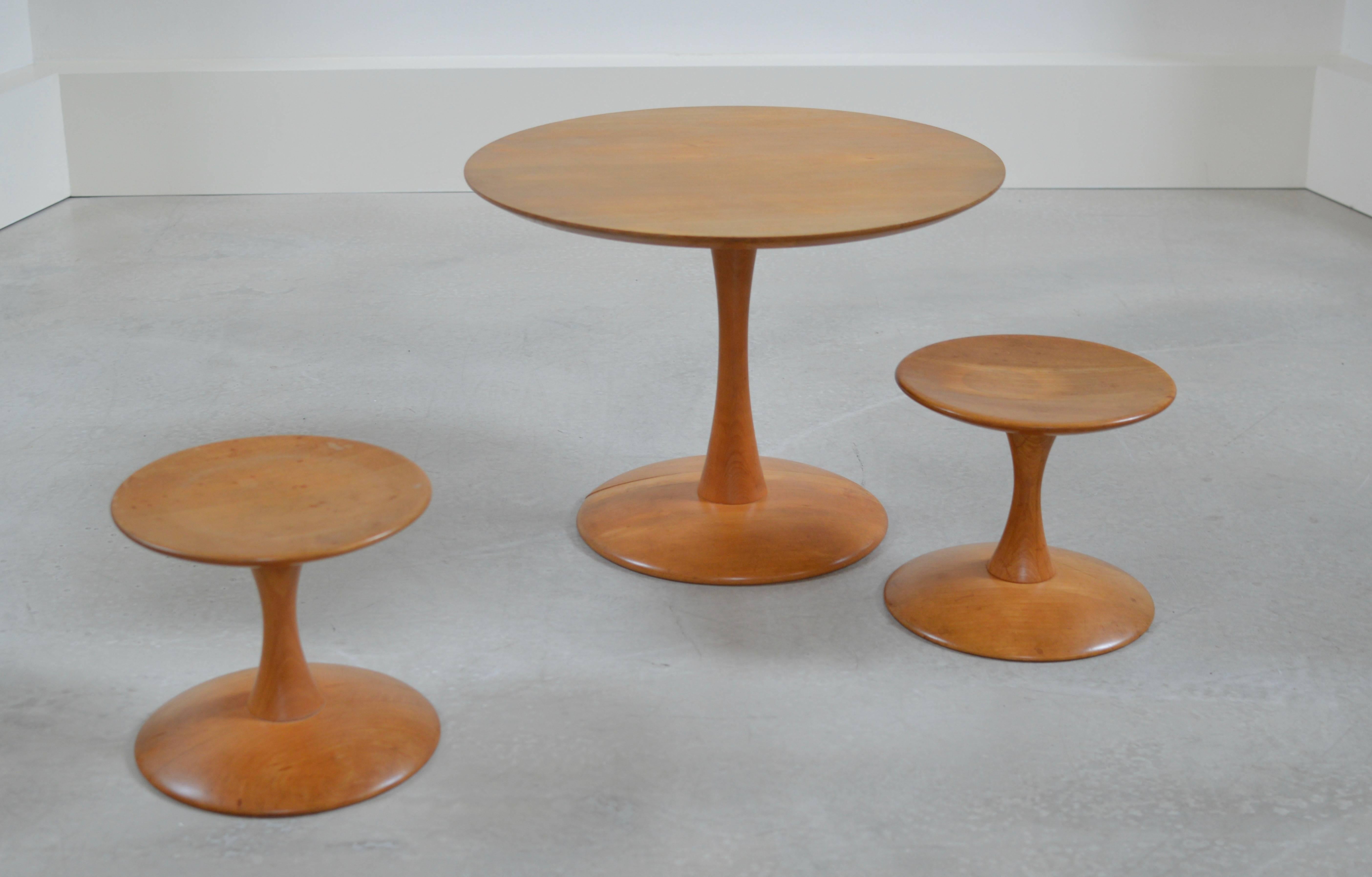 Early beech 'toadstool' table by Nanna Ditzel, circa 1965 manufactured by Danish producer Kolds Savvaerk. 
Matching stools (shown next to table) also available. To be found in our inventory.